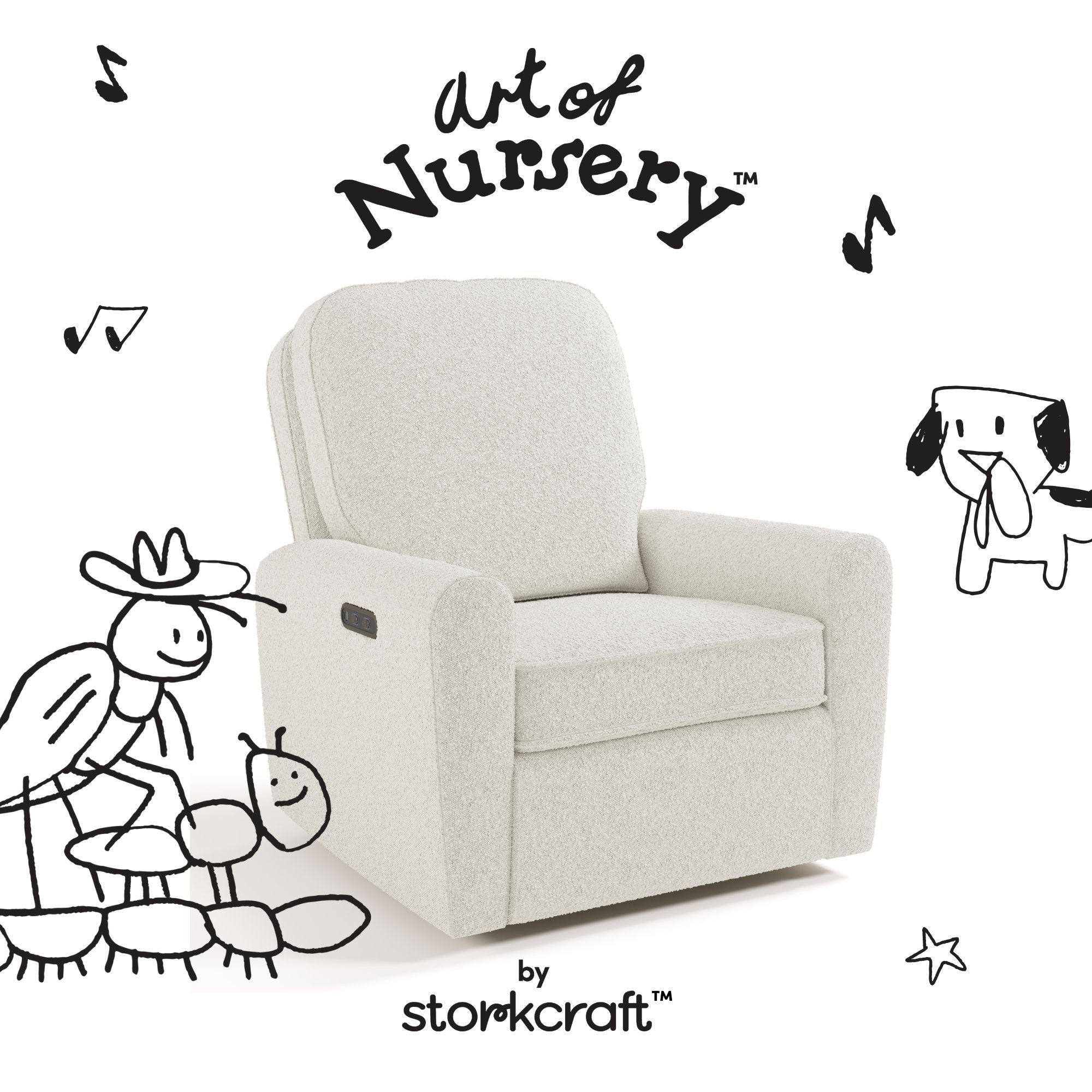 Amalfi ivory boucle glider with black doodles overlaid on image