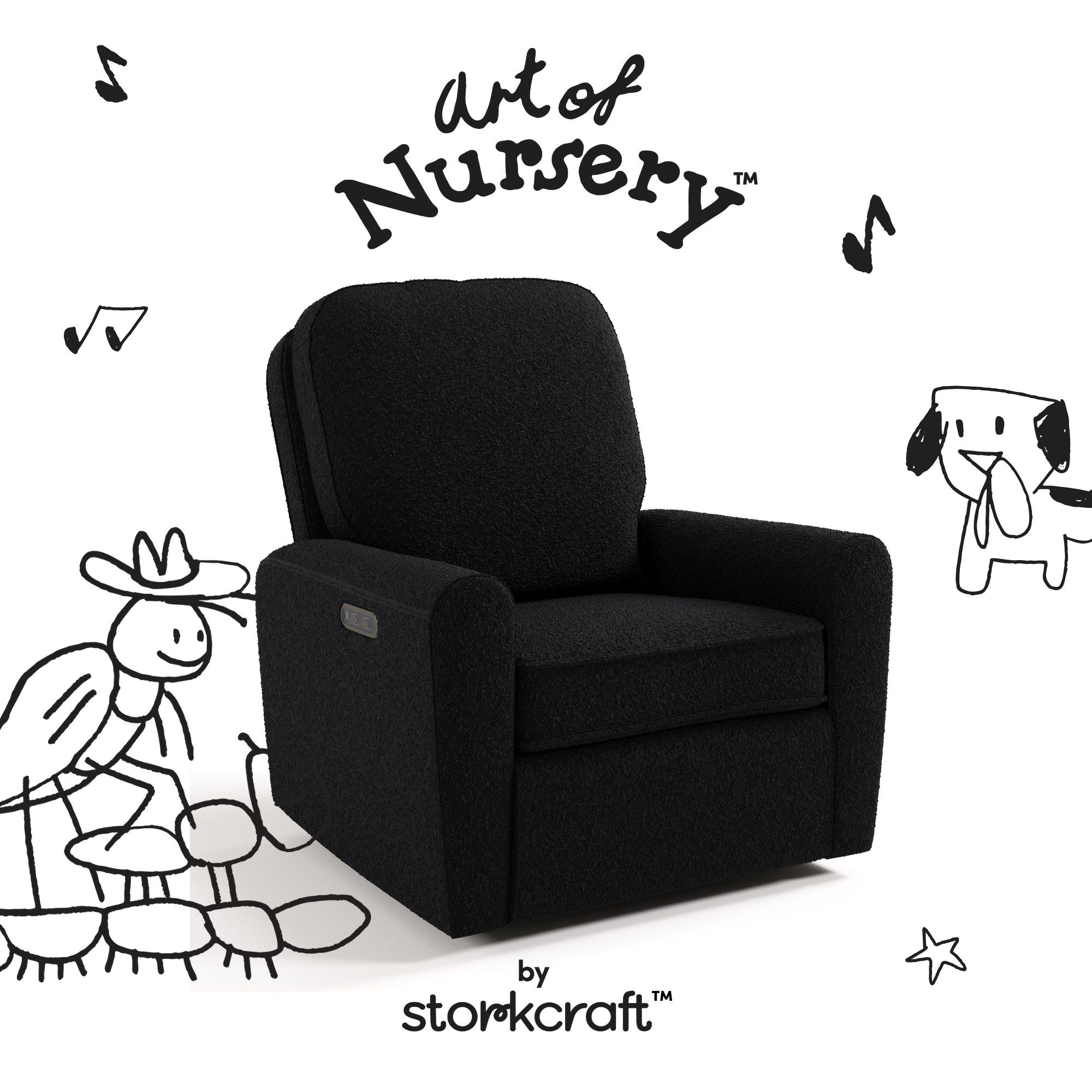 Amalfi black boucle glider with black doodles overlaid on image