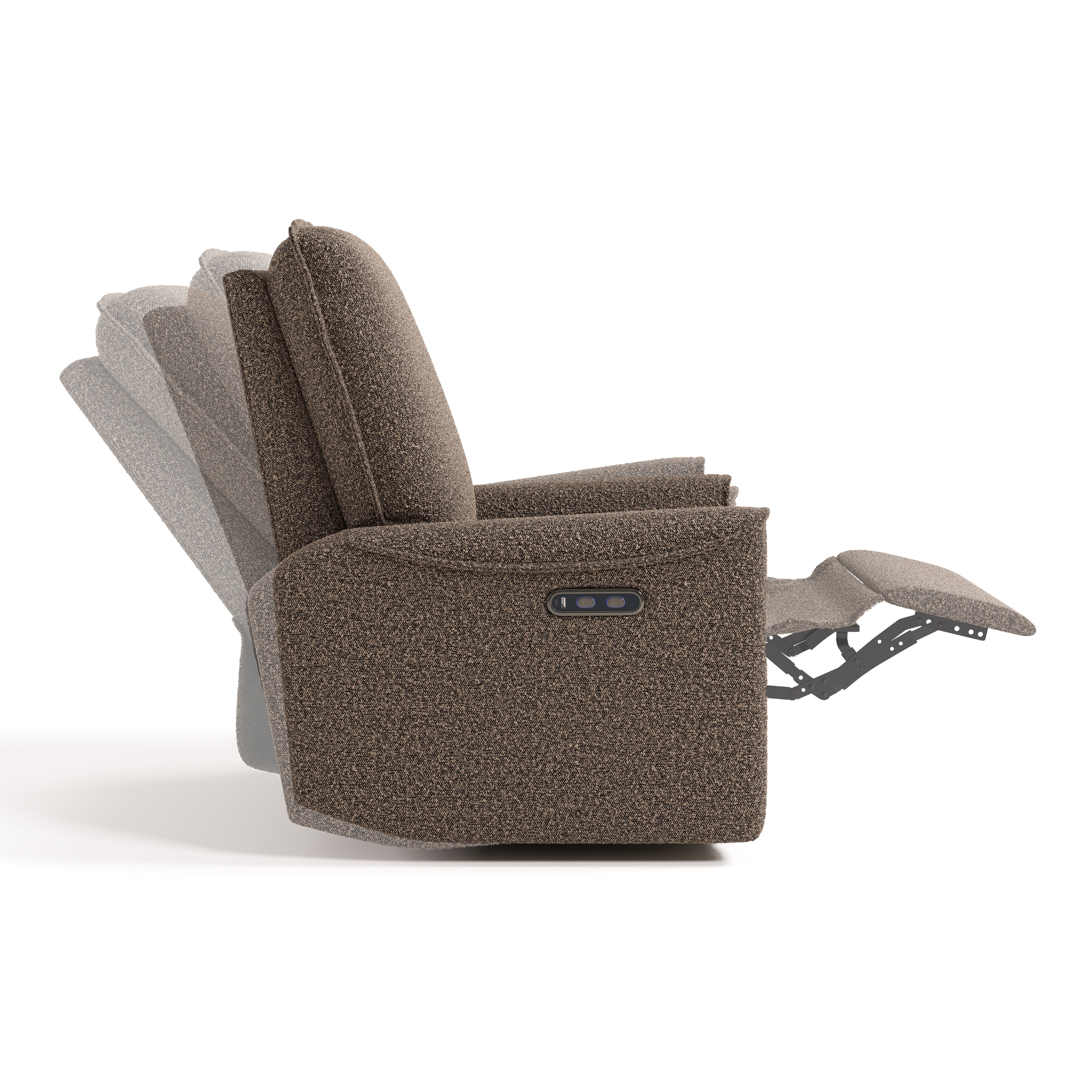 storkcraft santos mountain brown boucle power recliner side view with recline position shadows