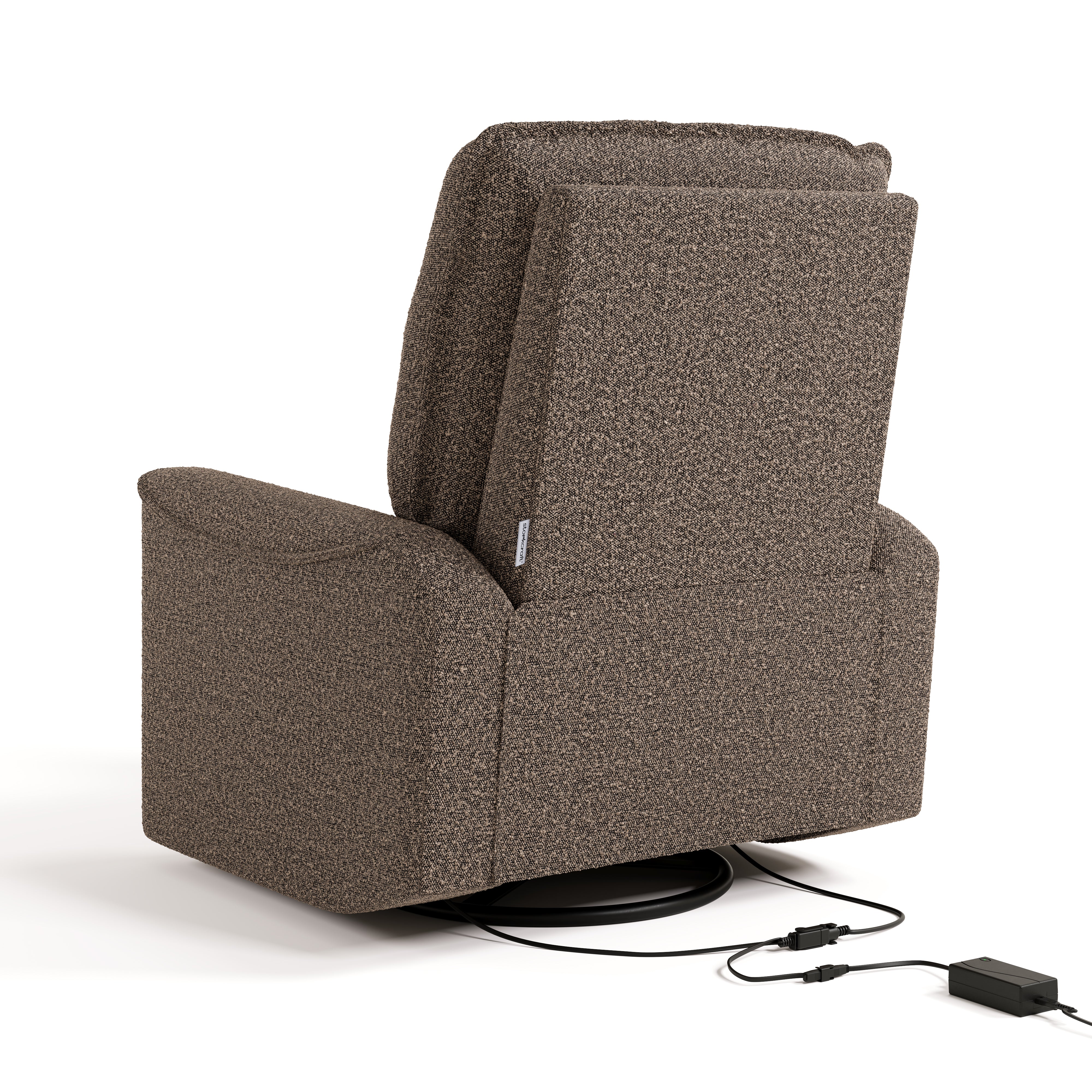 storkcraft santos mountain brown boucle power recliner back view with power cord
