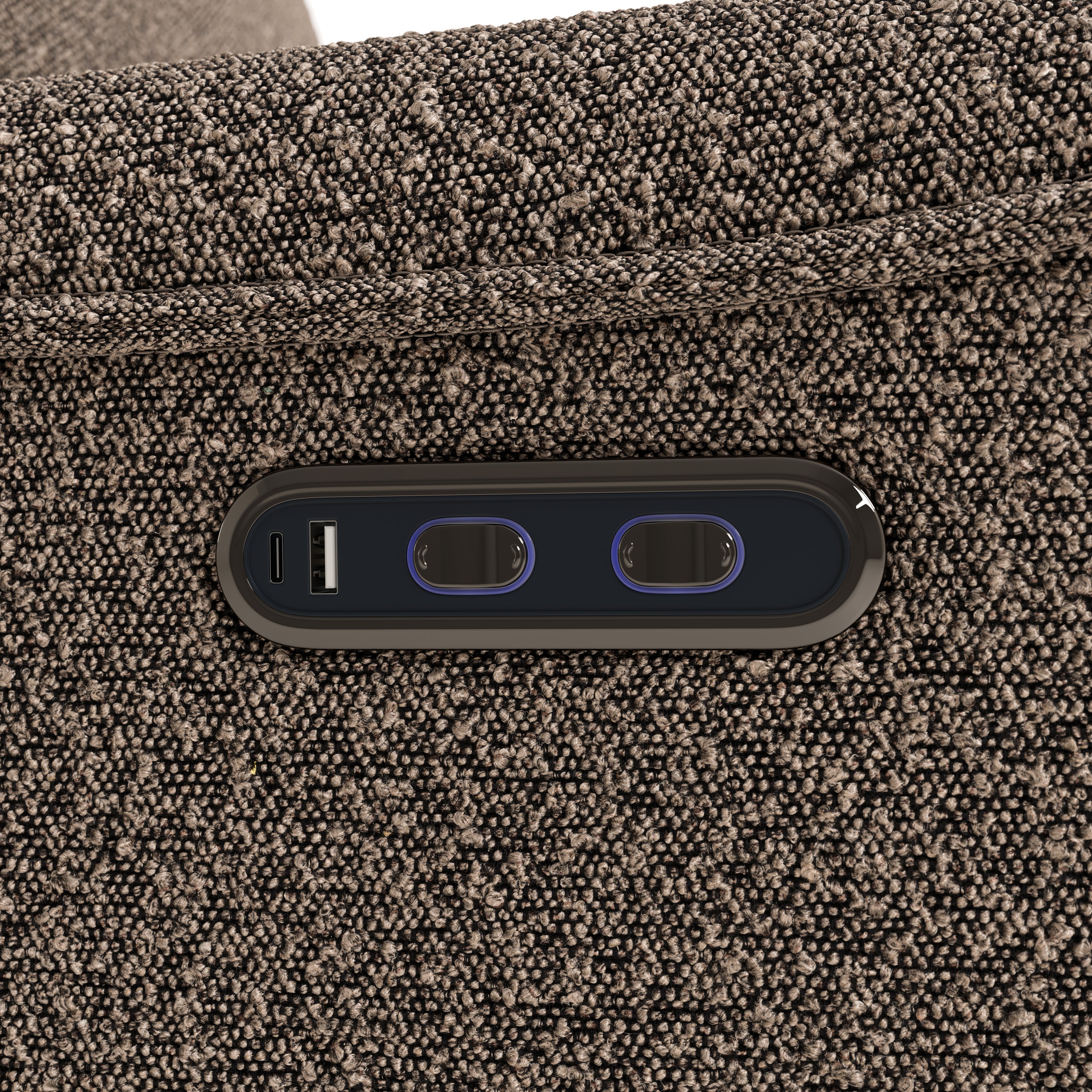storkcraft santos mountain brown boucle power recliner closeup of recline push buttons and dual USB ports