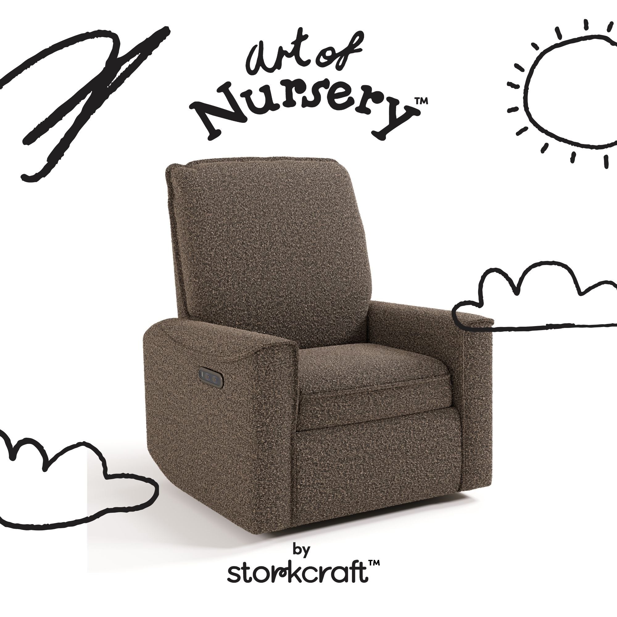 Santos mountain brown boucle glider with black doodles overlaid on image