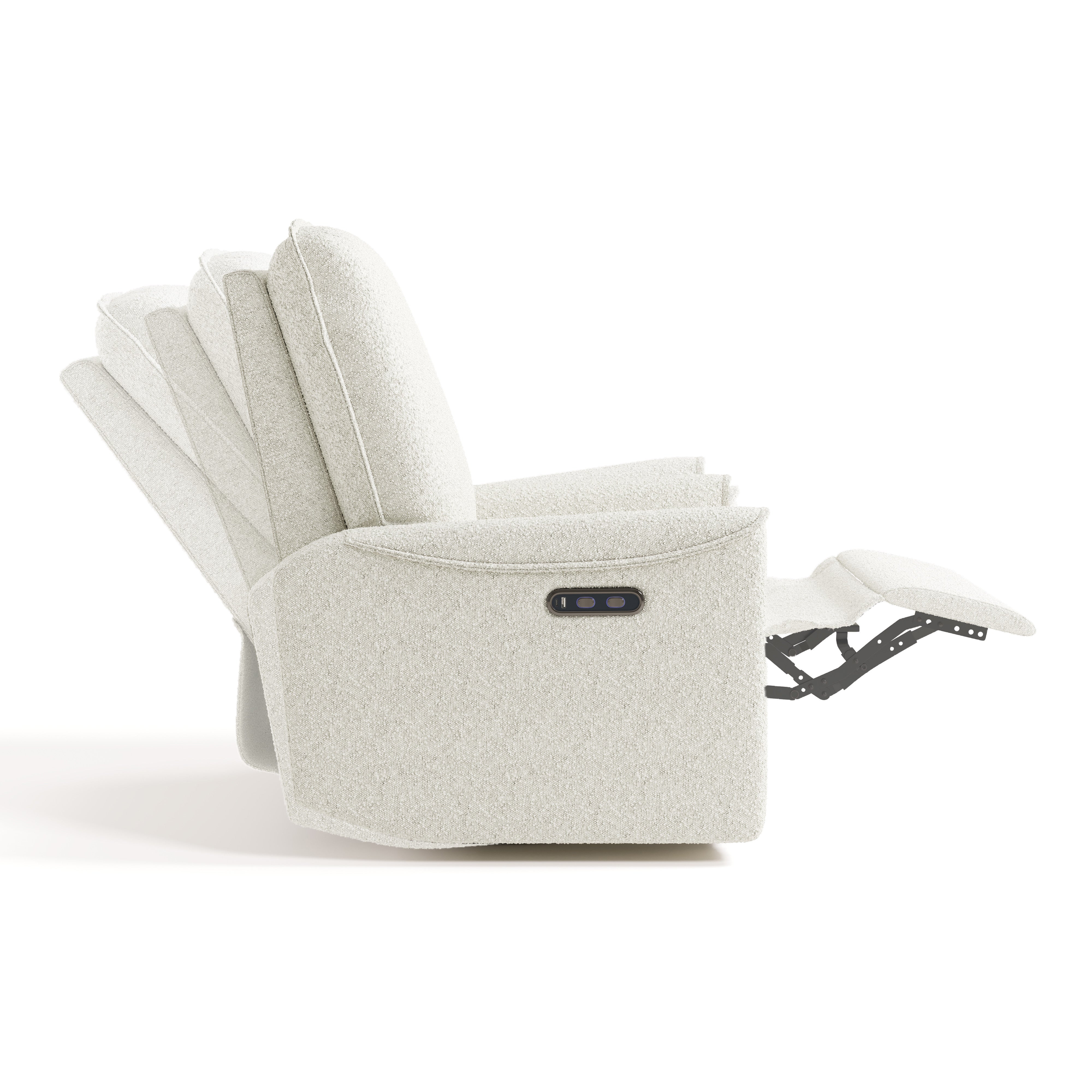 storkcraft santos ivory boucle power recliner side view with recline position shadows