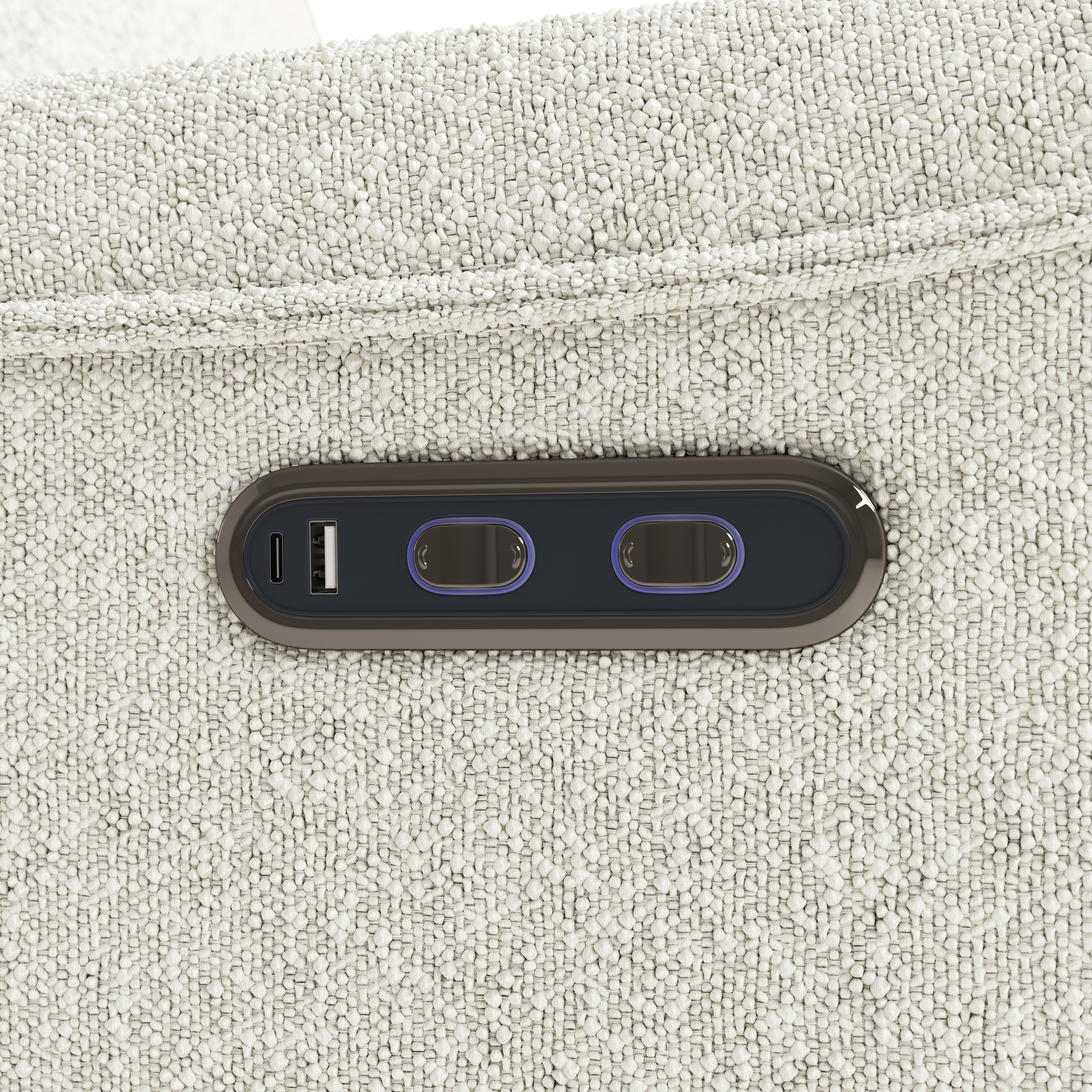 storkcraft santos ivory boucle power recliner closeup of recline push buttons and dual USB ports