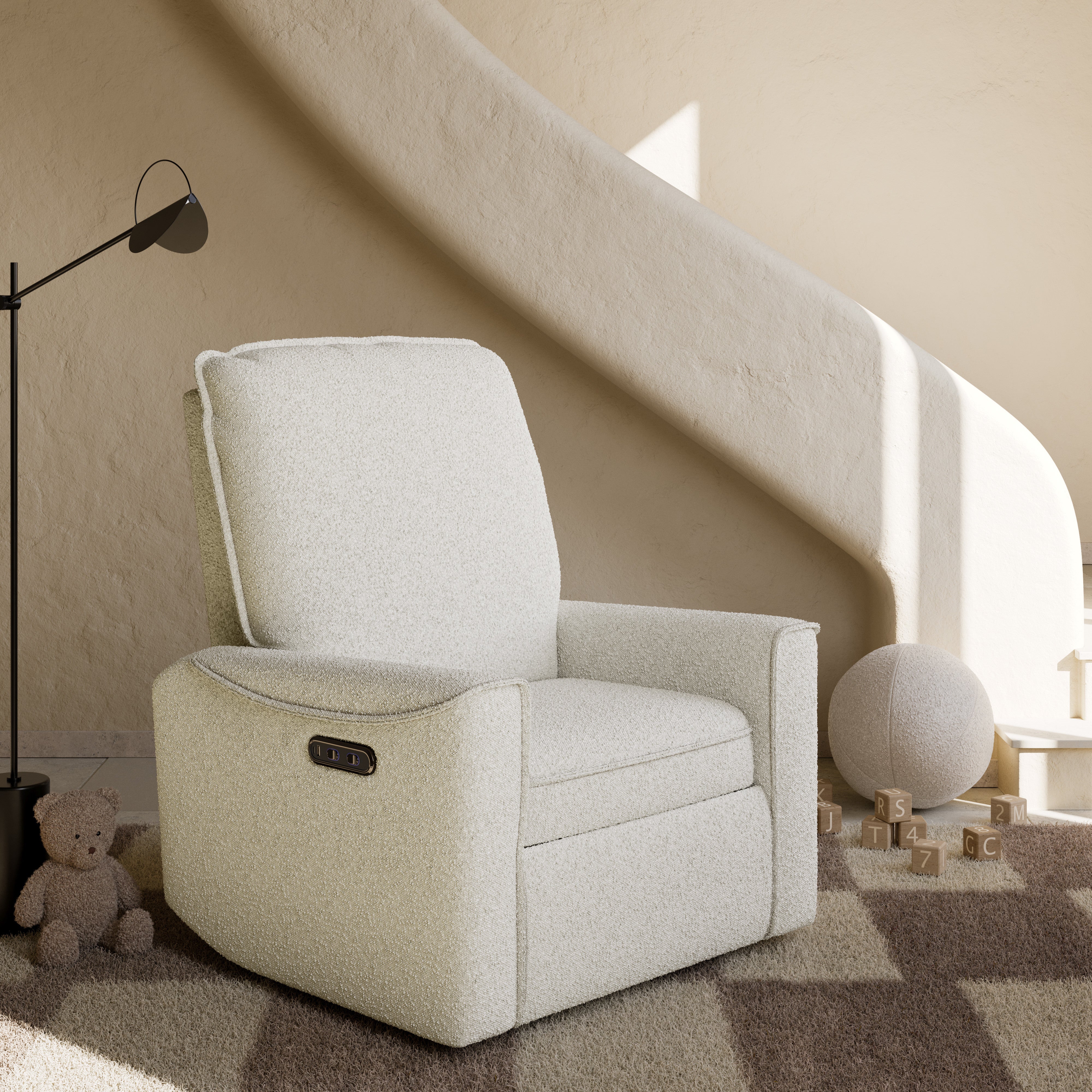storkcraft santos ivory boucle power recliner in nursery