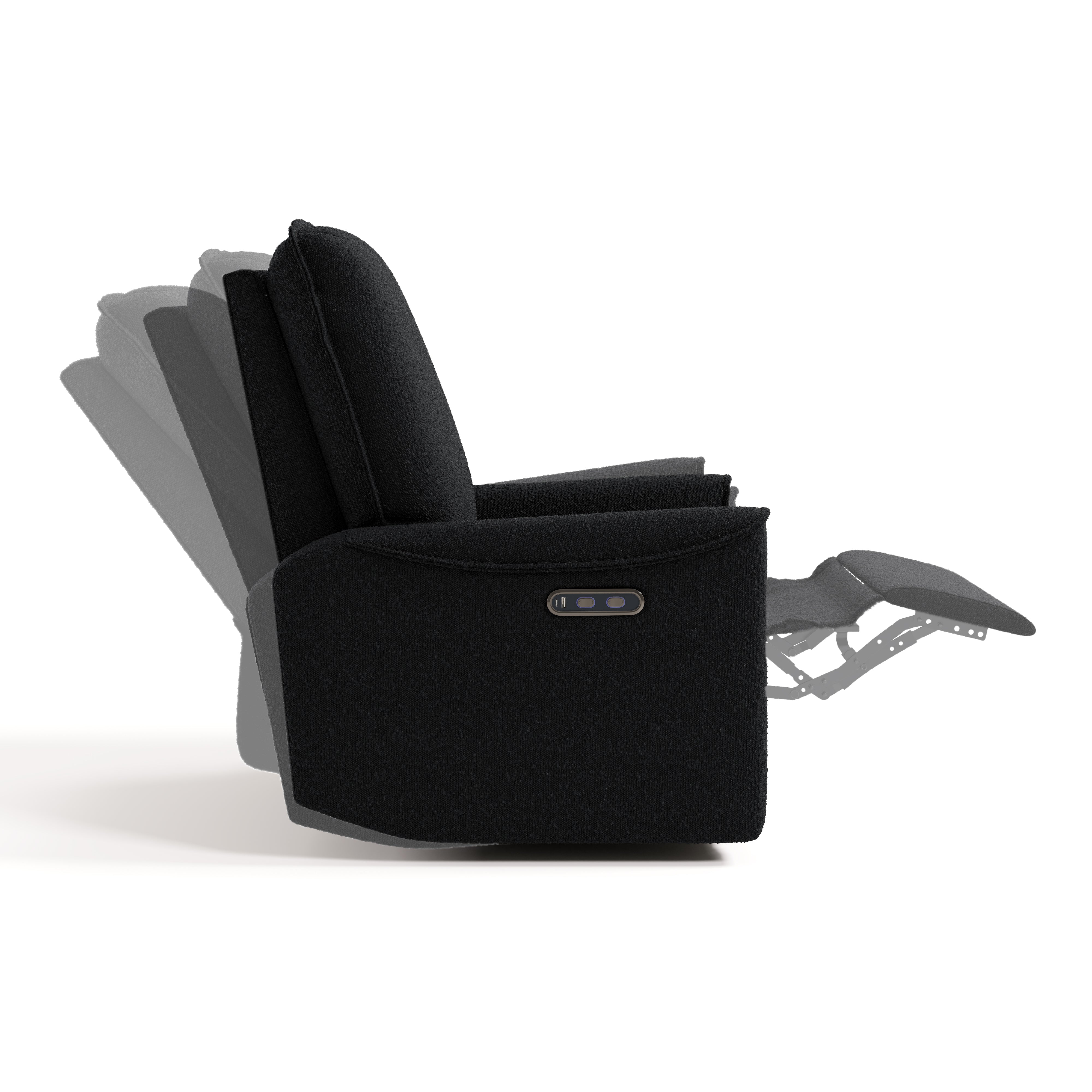 storkcraft santos black boucle power recliner side view with recline position shadows