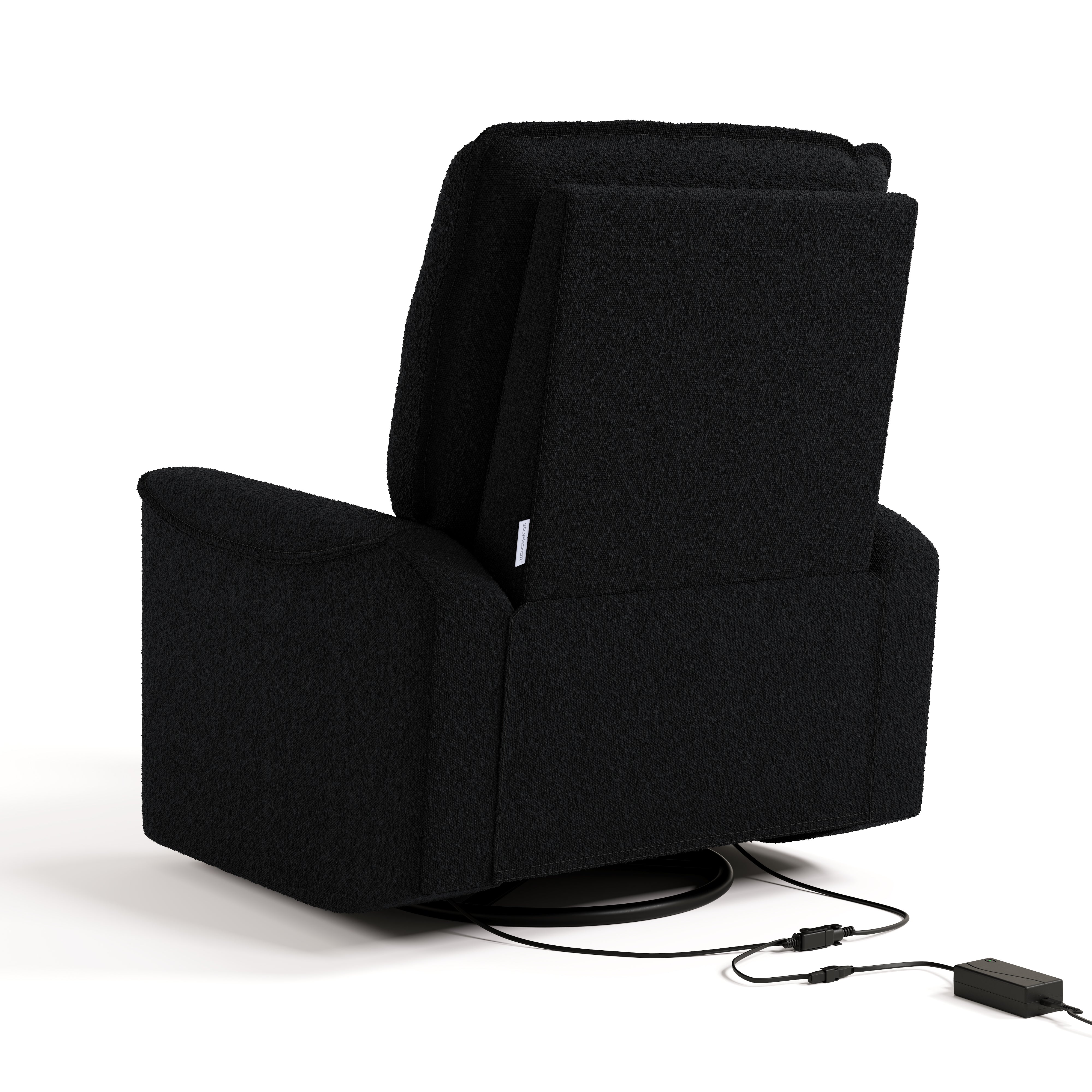 storkcraft santos black boucle power recliner back view with power cord