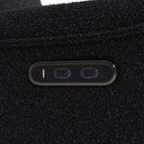 storkcraft santos black boucle power recliner closeup of recline push buttons and dual USB ports