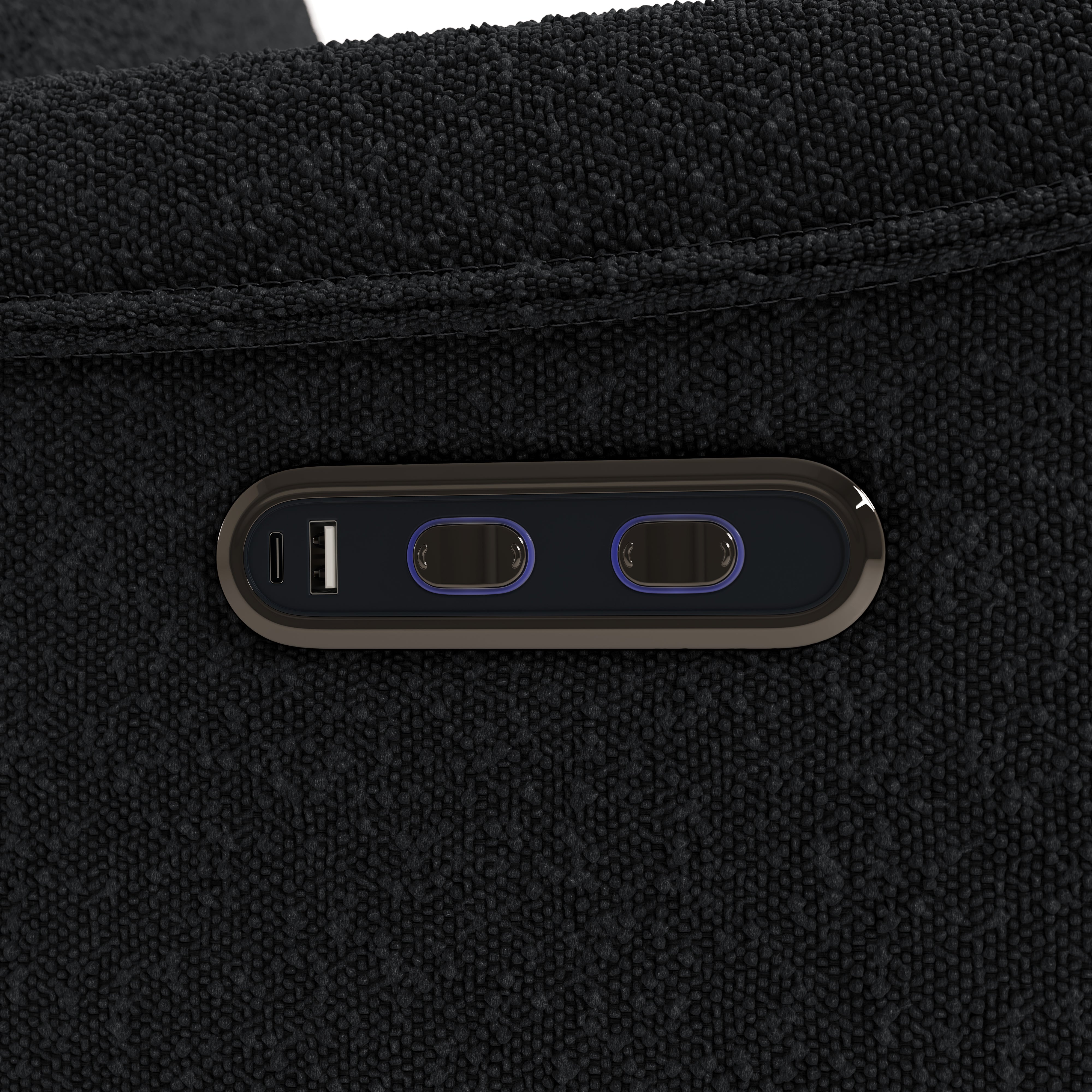 storkcraft santos black boucle power recliner closeup of recline push buttons and dual USB ports