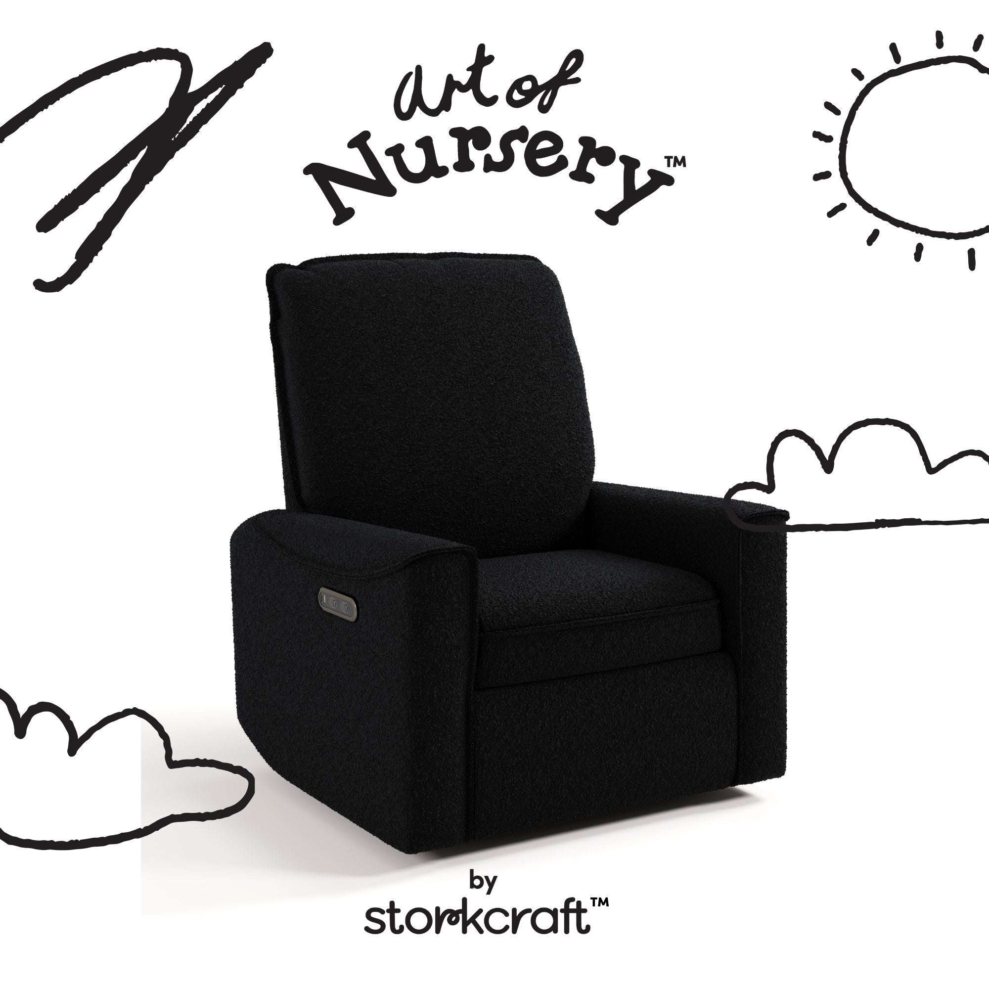 Santos black boucle glider with black doodles overlaid on image