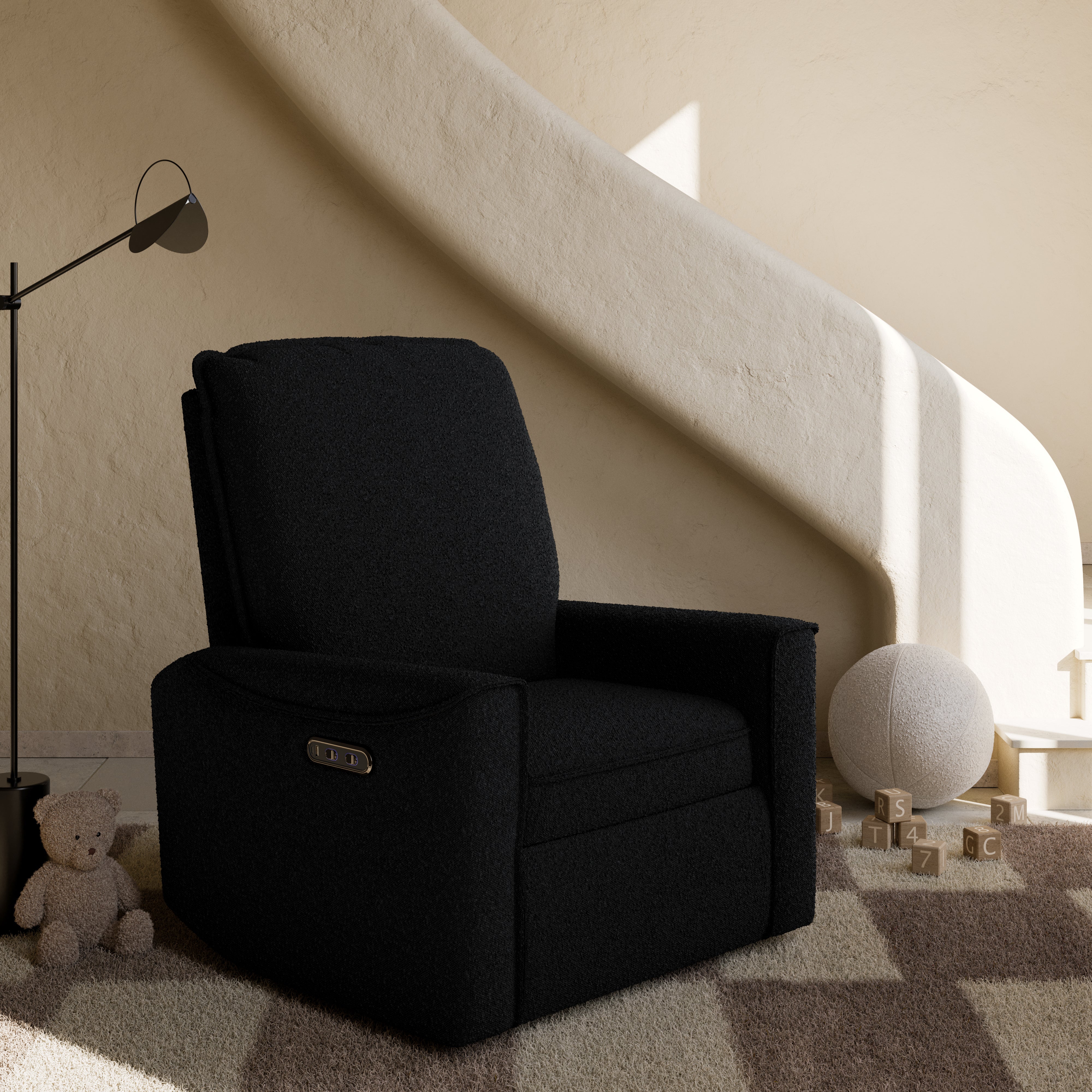 storkcraft santos black boucle power recliner in nursery