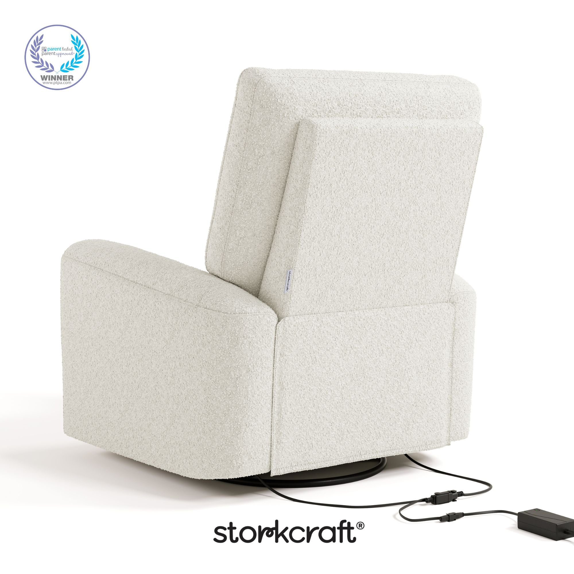 Sorrento ivory boucle power recliner with PTPA logo on top left