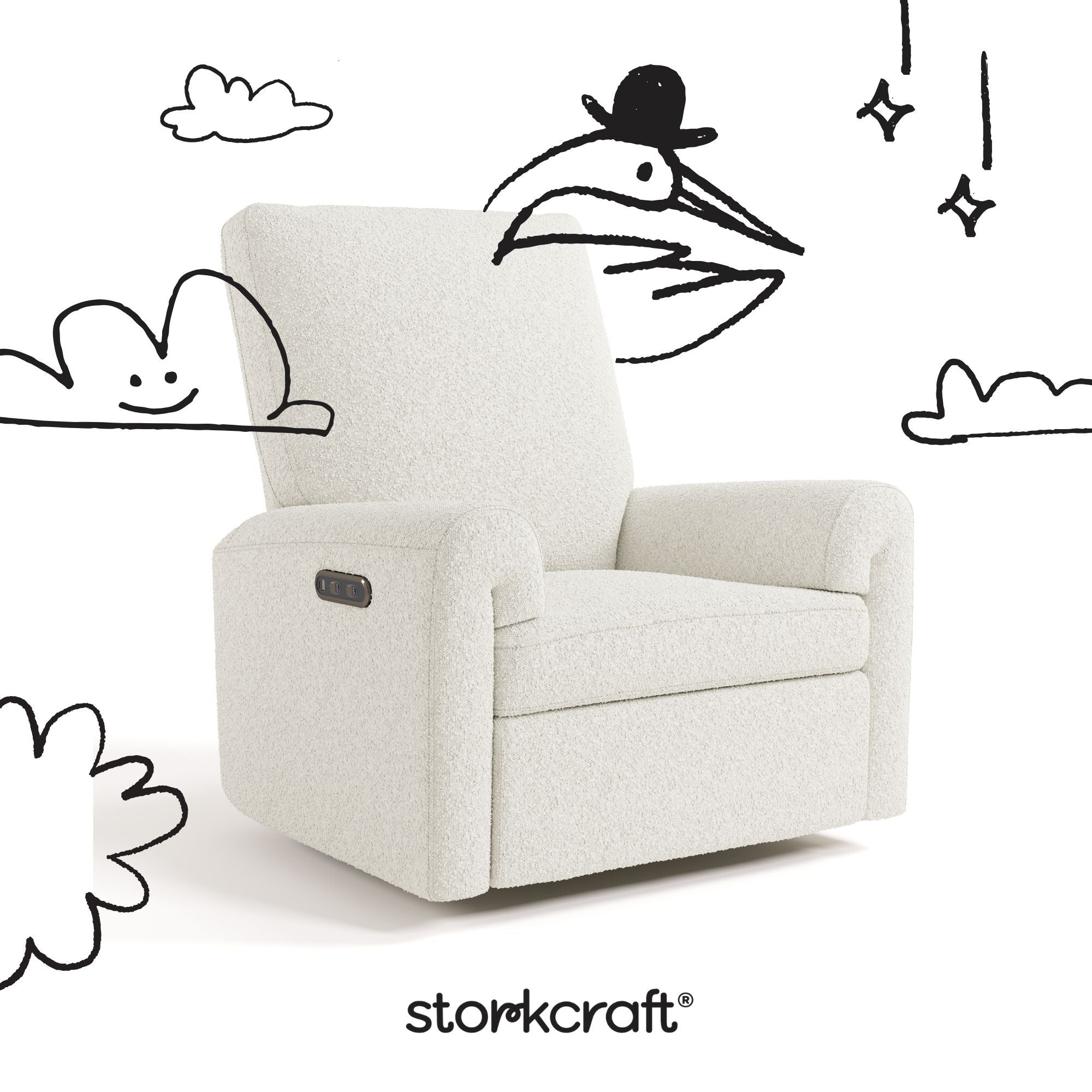 Sorrento ivory boucle power recliner with black doodles overlaid on image