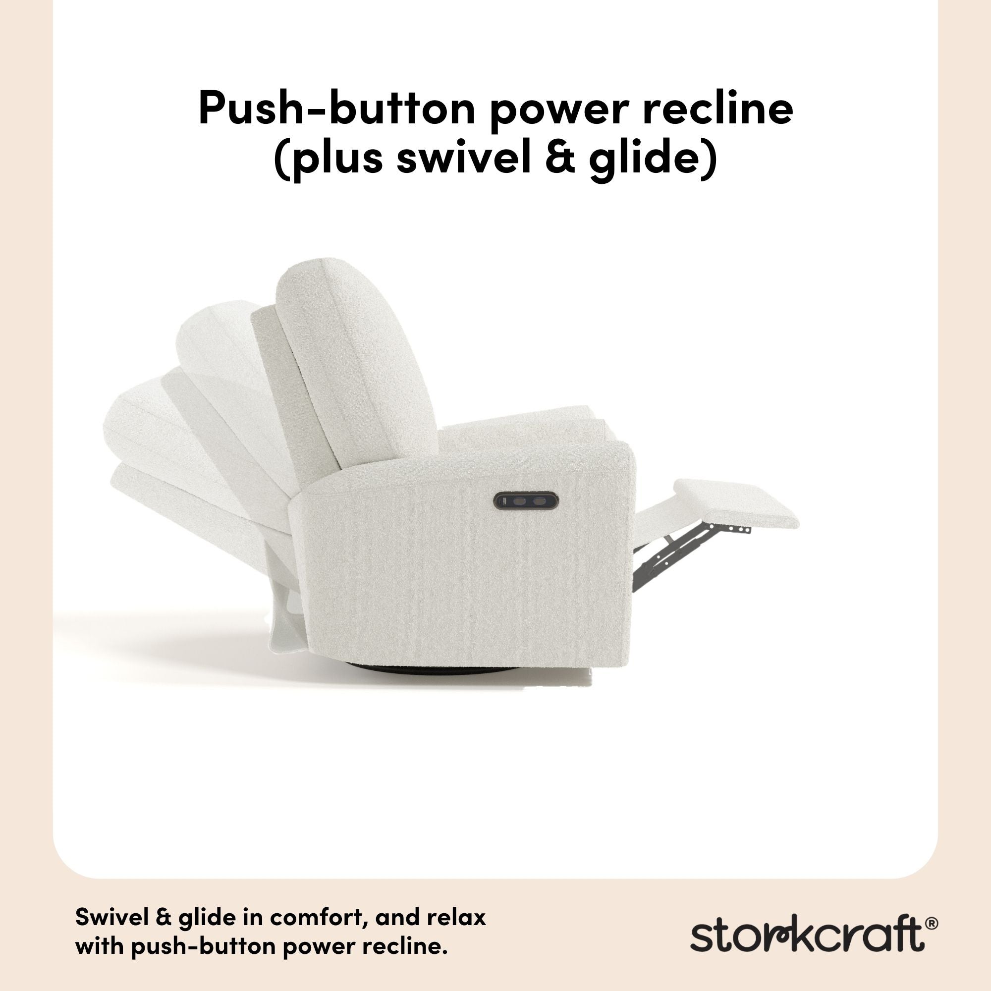 Sorrento ivory boucle power recliner push-button power recline callout