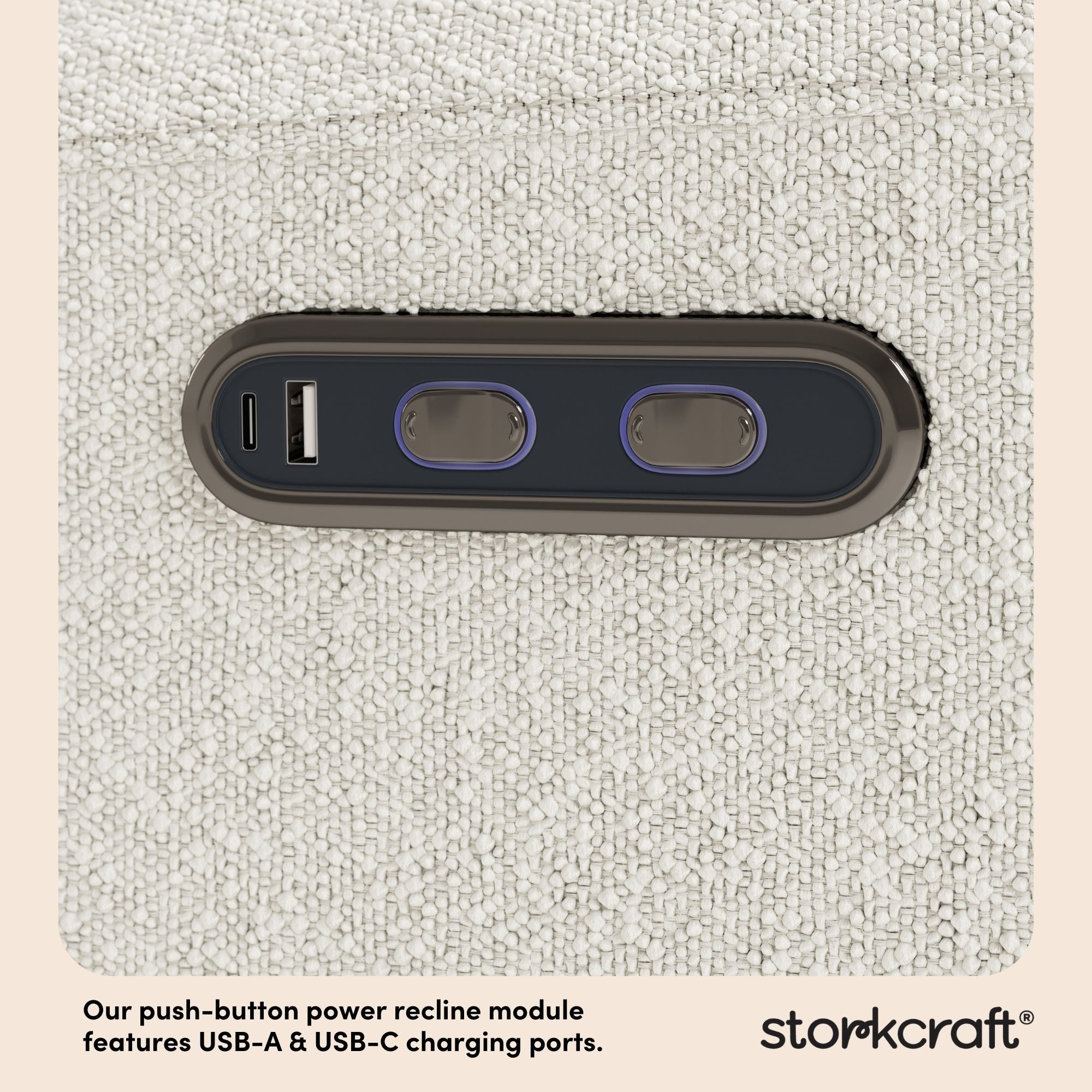 Sorrento ivory boucle power recliner charging ports callout