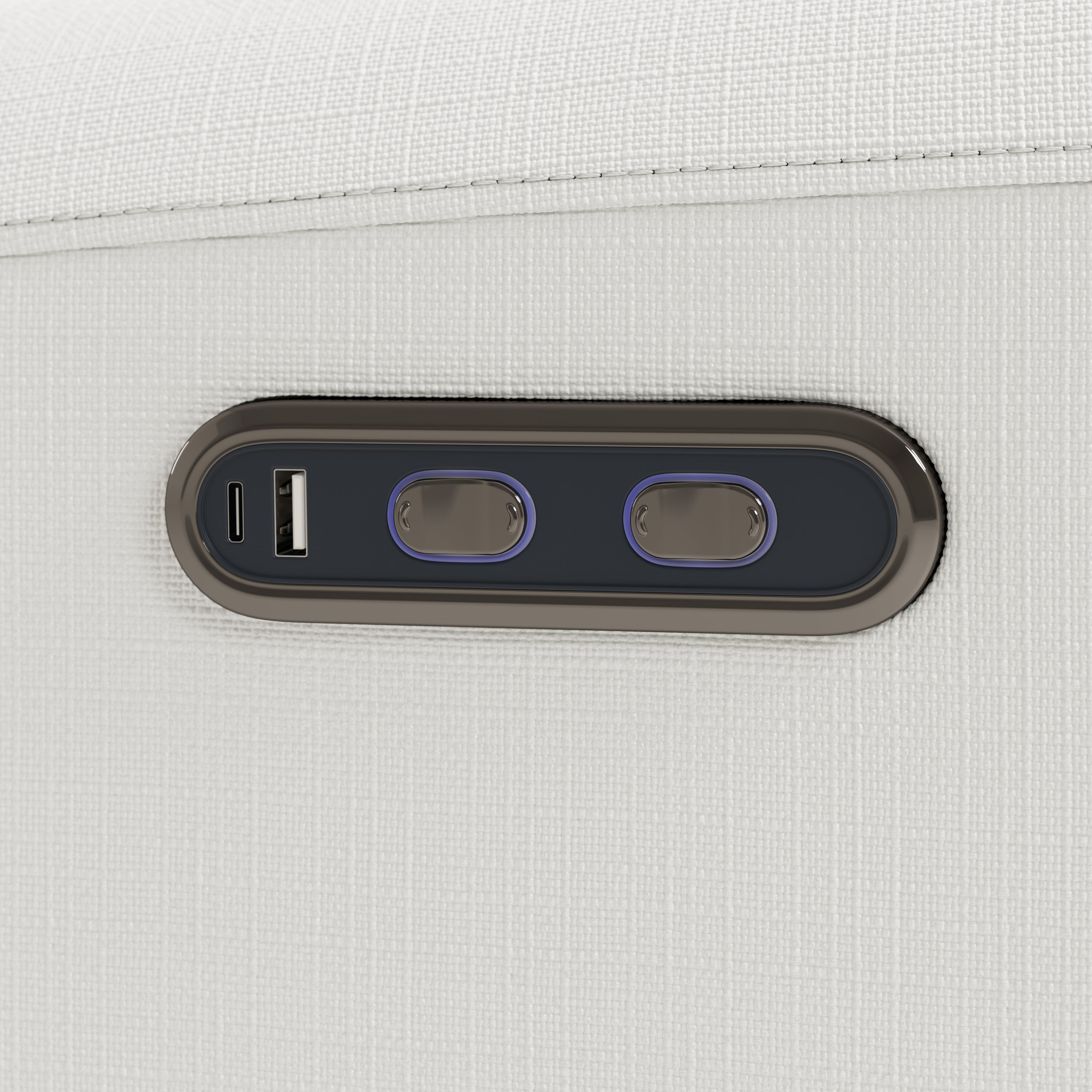Sorrento ivory basketweave power recliner close up of power buttons and usb ports