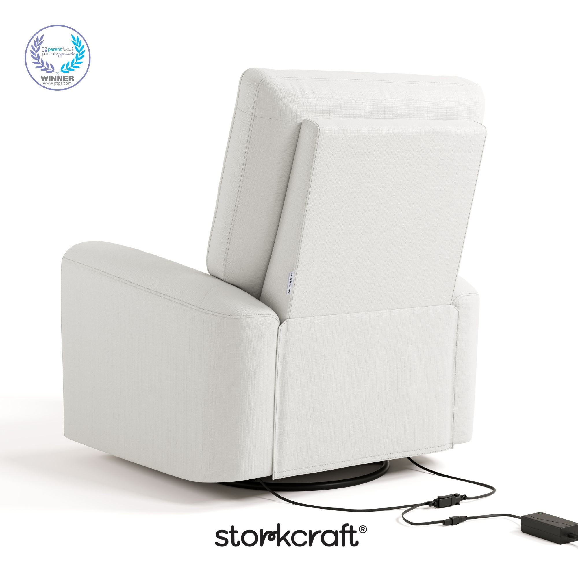 Sorrento ivory basketweave power recliner with PTPA logo on top left