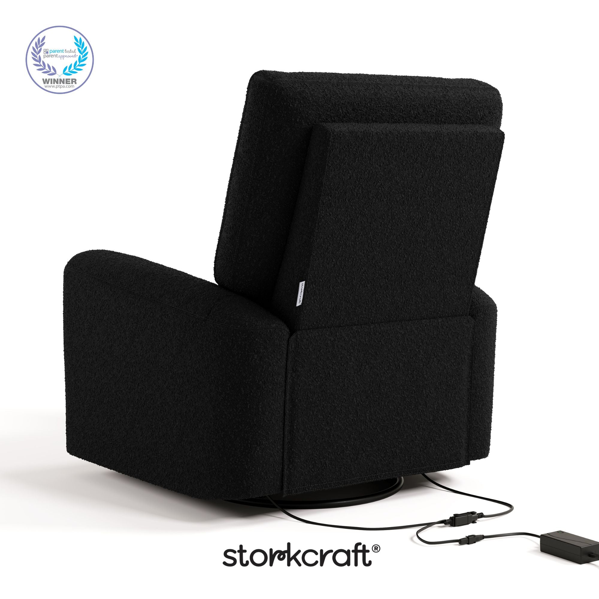 Sorrento black boucle power recliner with PTPA logo on top left