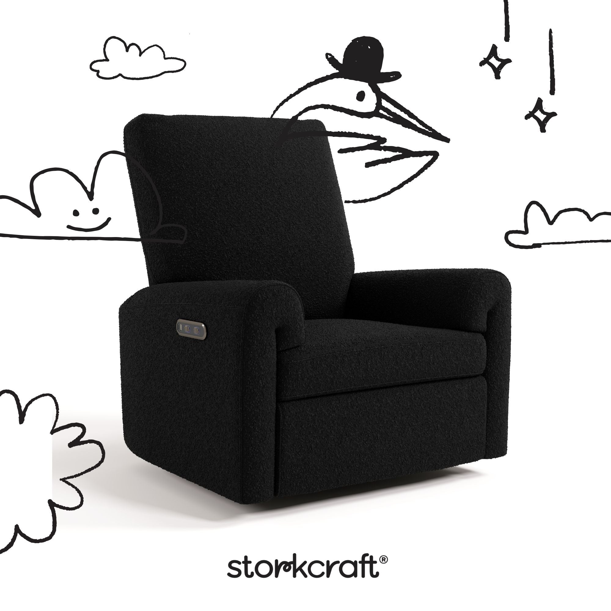 Sorrento black boucle power recliner with black doodles overlaid on image