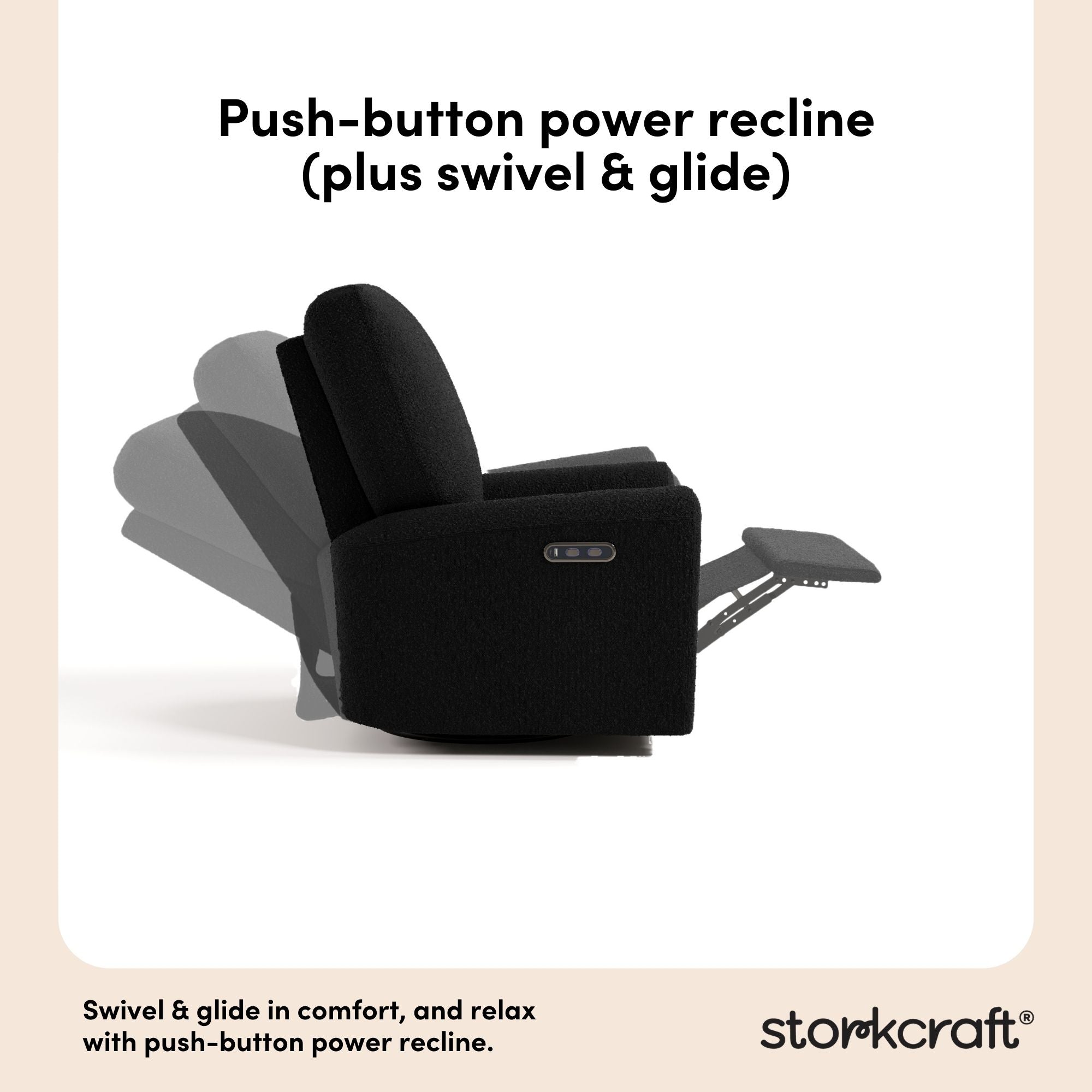 Sorrento black boucle power recliner push-button power recline callout