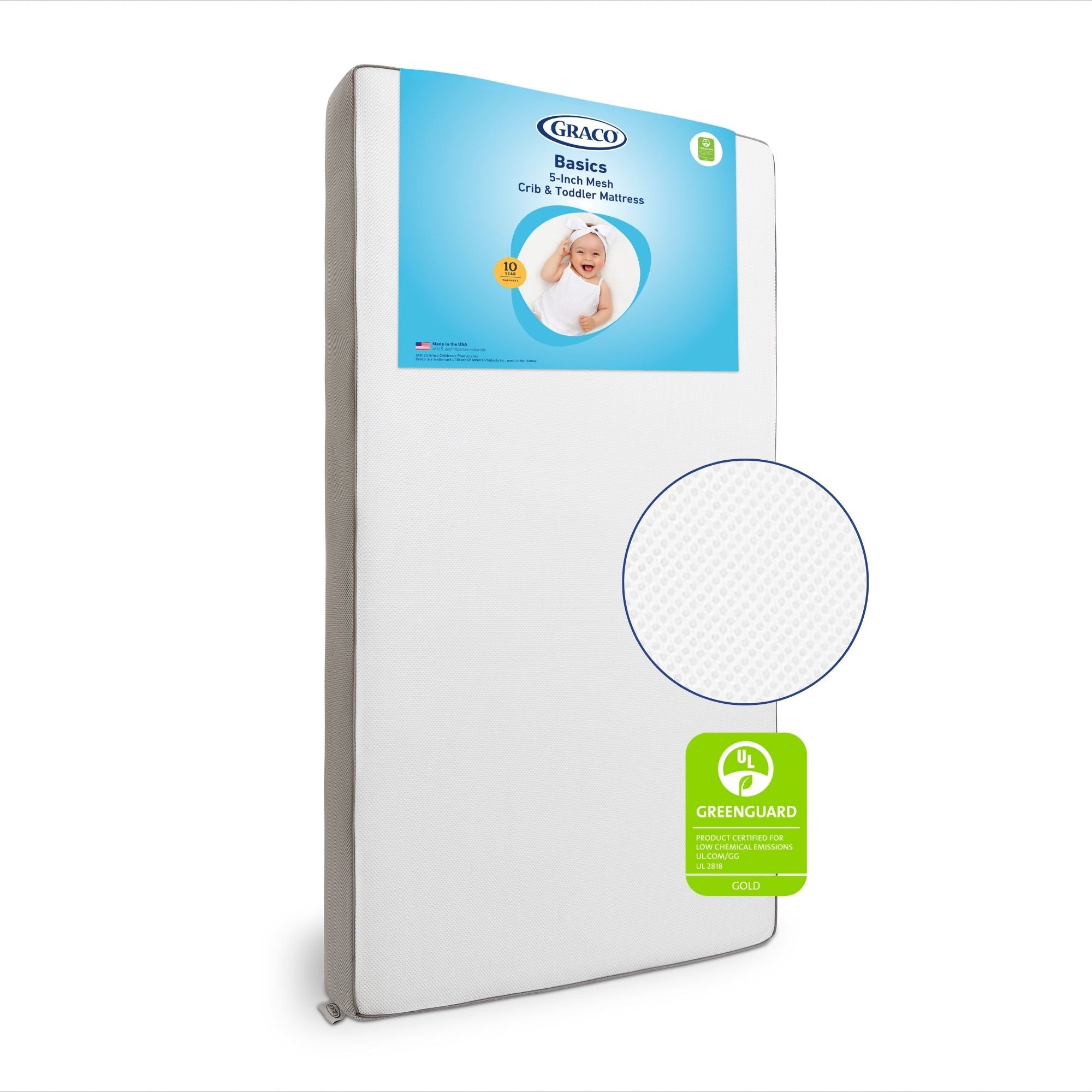 Graco Basics 5-Inch Mesh Crib & Toddler Mattress with litho and zoom in close up of cover