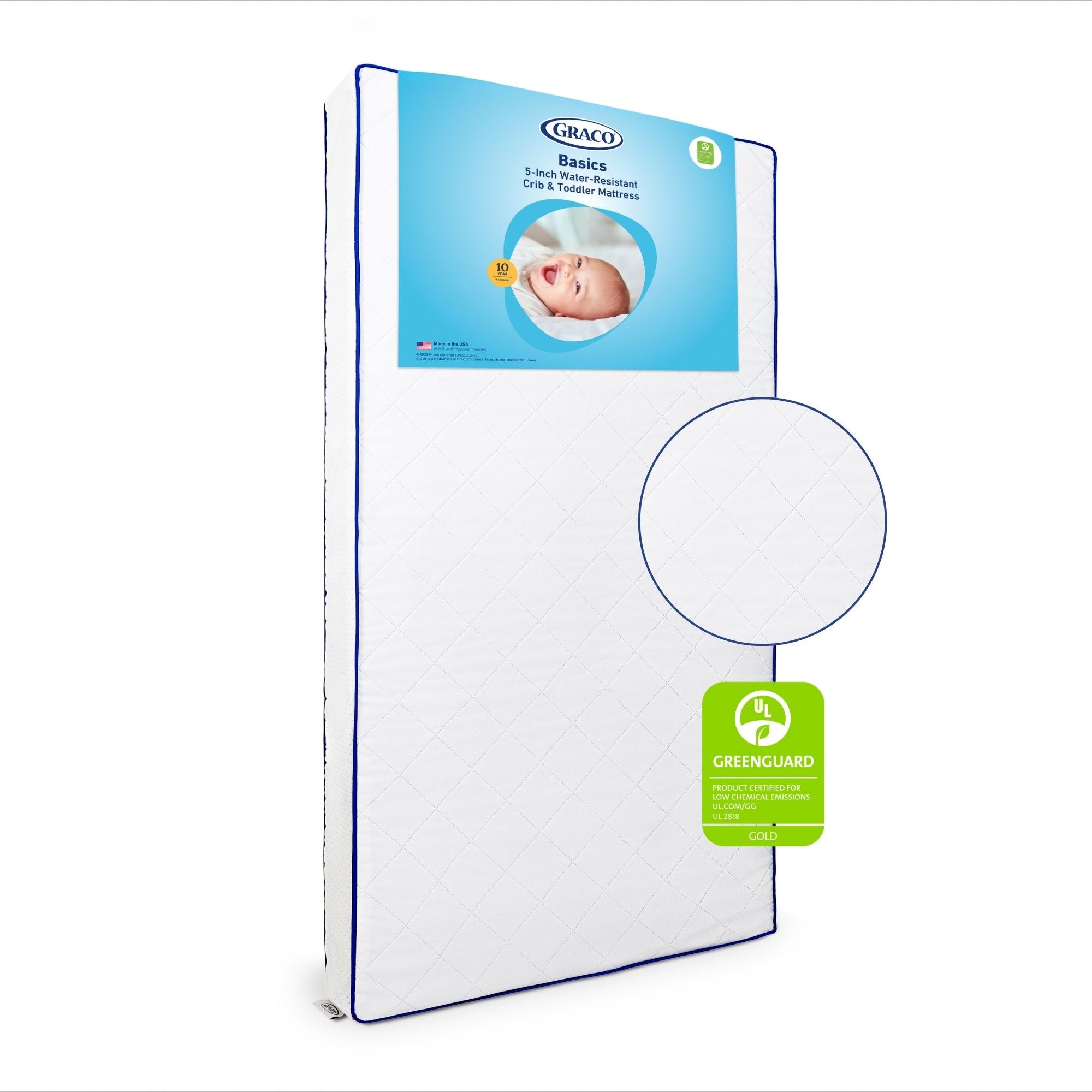 Graco Basics 5-Inch Water-Resistant Crib & Toddler Mattress with litho and zoom in close up of material