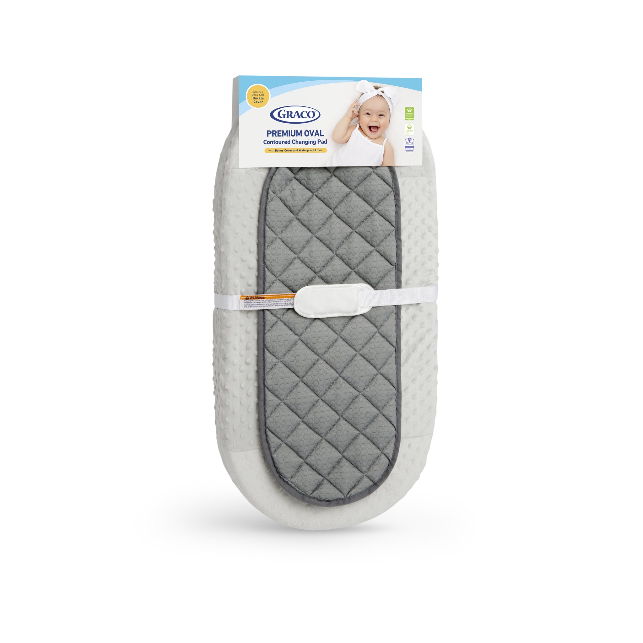 Front view of an oval changing pad with a textured cover and liner in gray tones