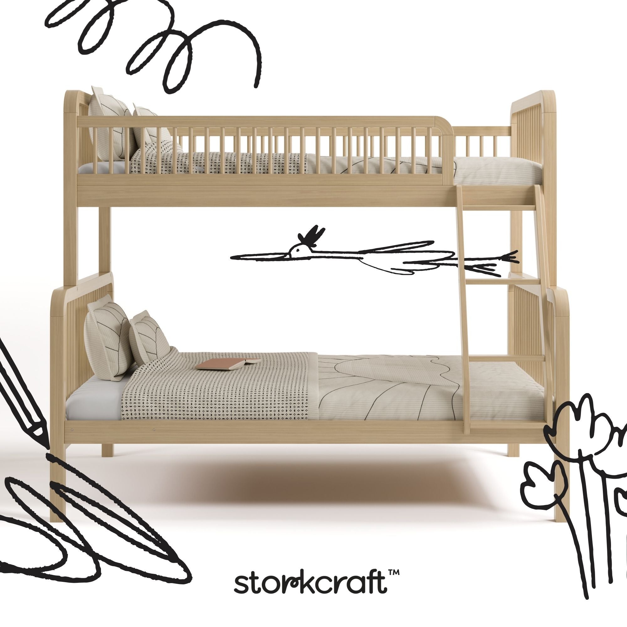 Pasadena driftwood twin over full bunk bed with black doodles overlaid on image