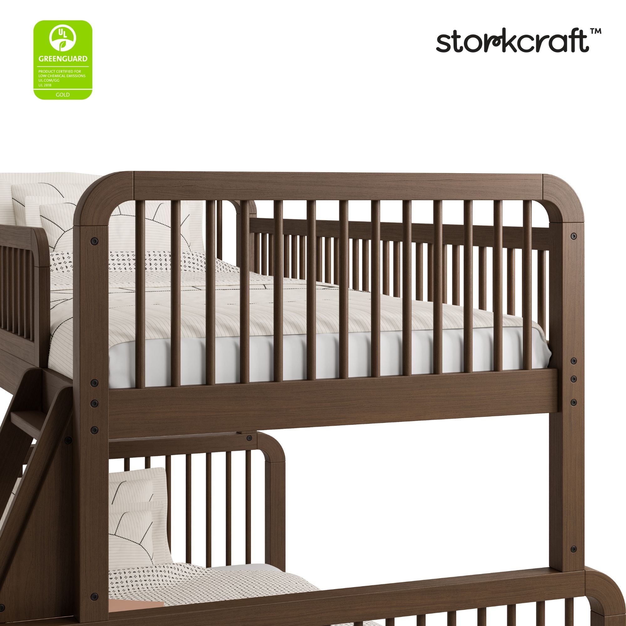 Pasadena hazelnut twin over full bunk bed with GGG logo on top left