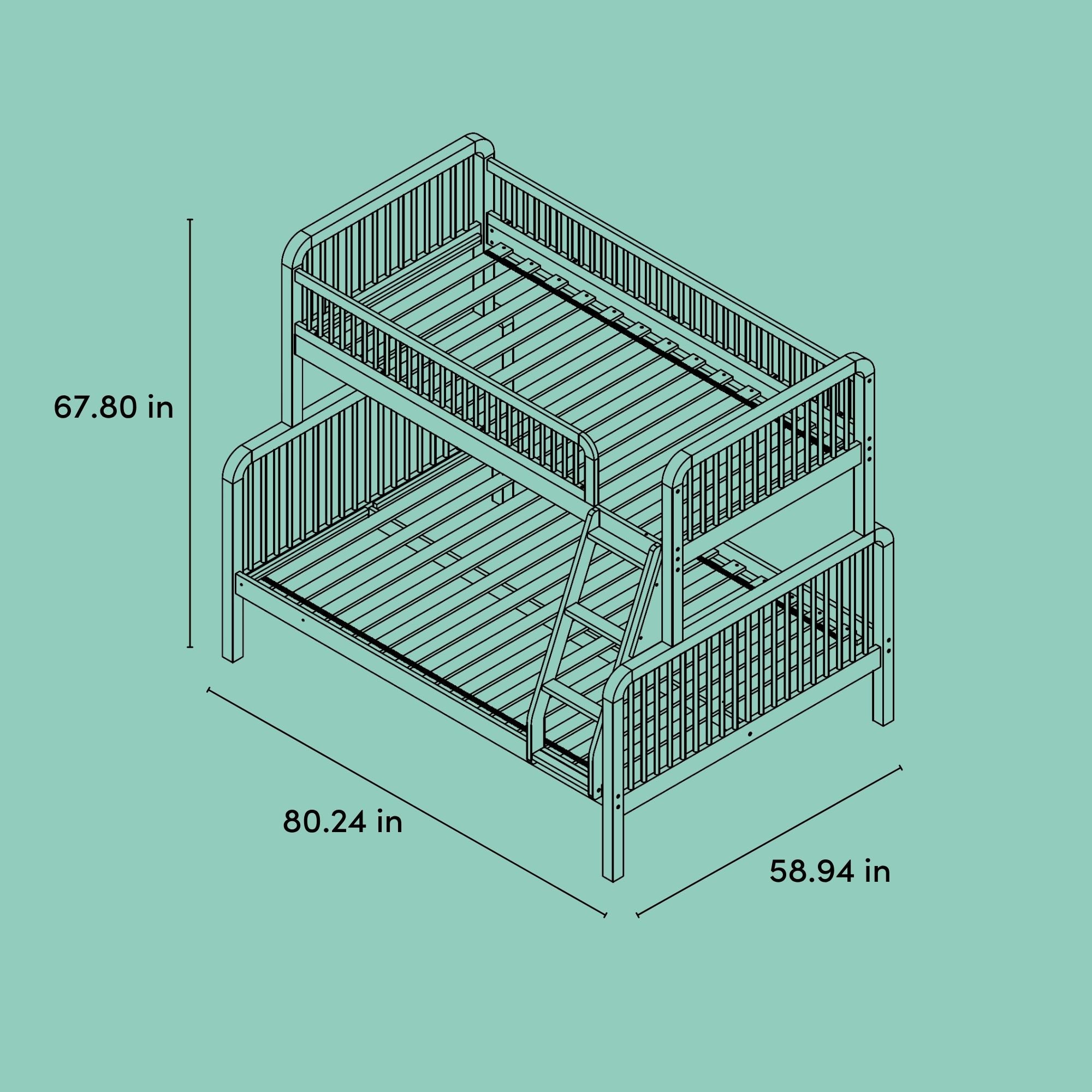 Pasadena twin over full bunk bed drawing with dimensions