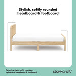 Side view of natural wood twin bed with overlay text highlighting key features