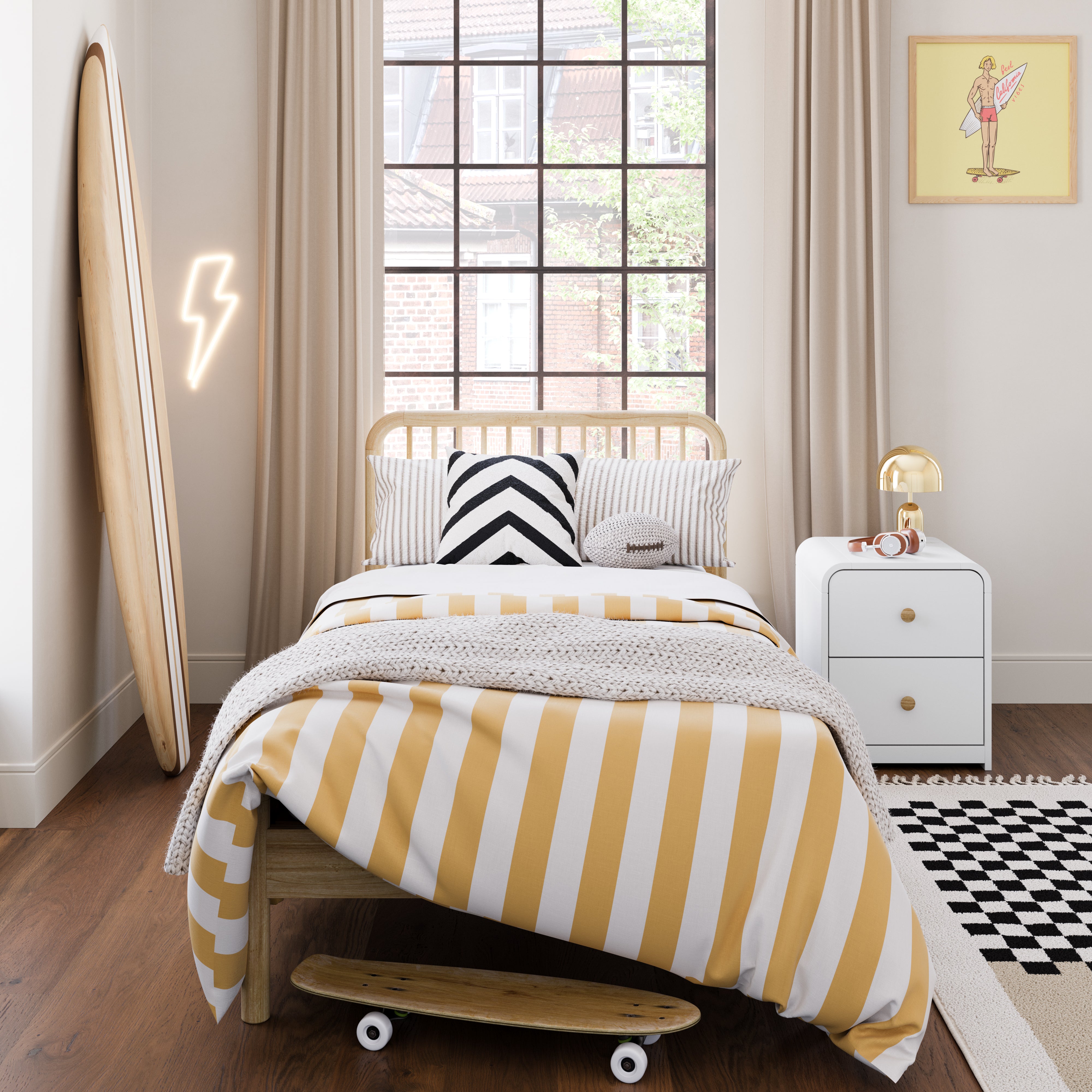 Santos white nightstand beside bed in kids room