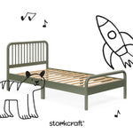 Side view of twin bed without mattress, with doodle graphics on the image