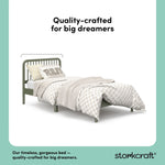 Side view of olive green twin bed with bedding with overlay text highlighting key features