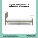 Side view of olive green twin bed with overlay text highlighting key features
