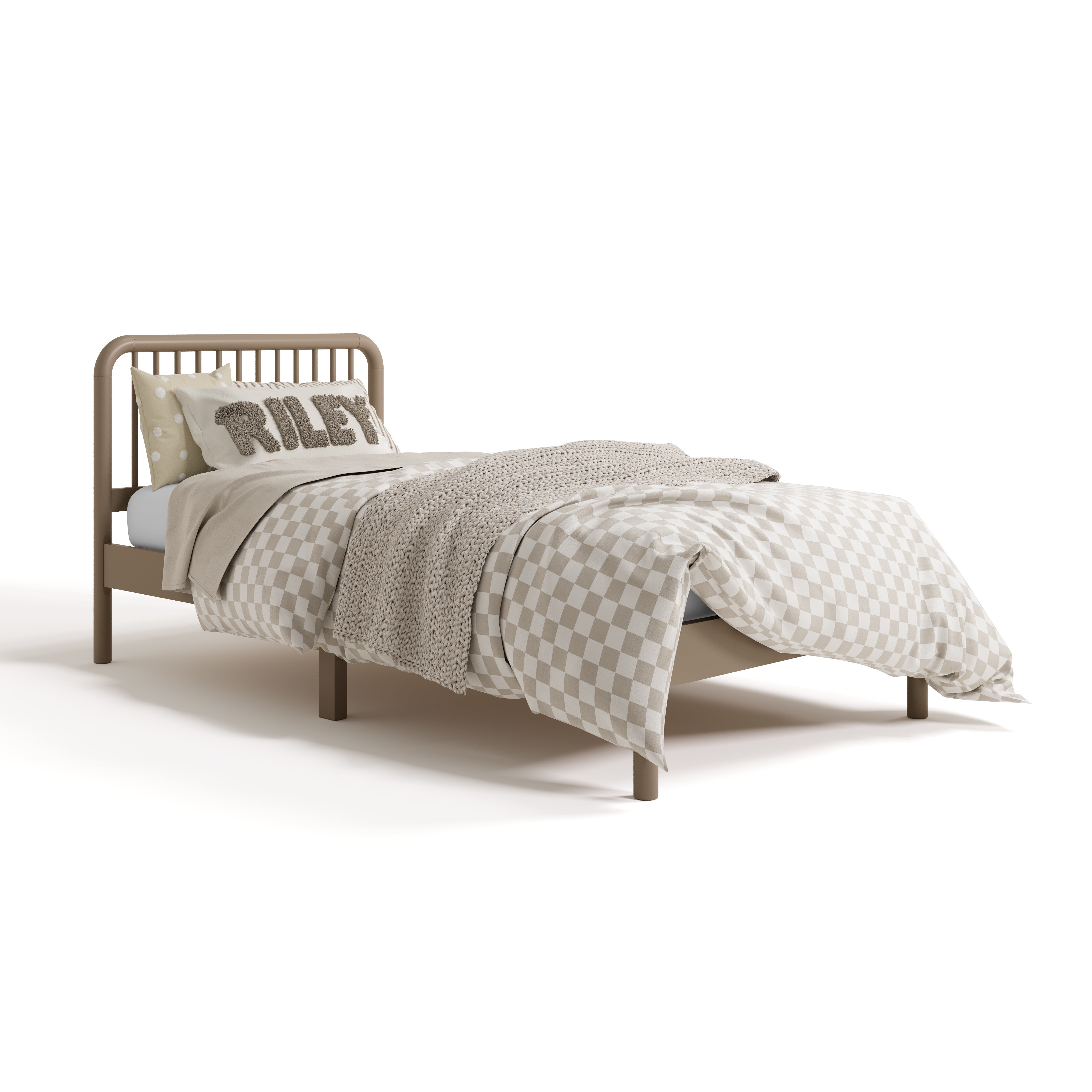Porto taupe twin bed with bedding angle view