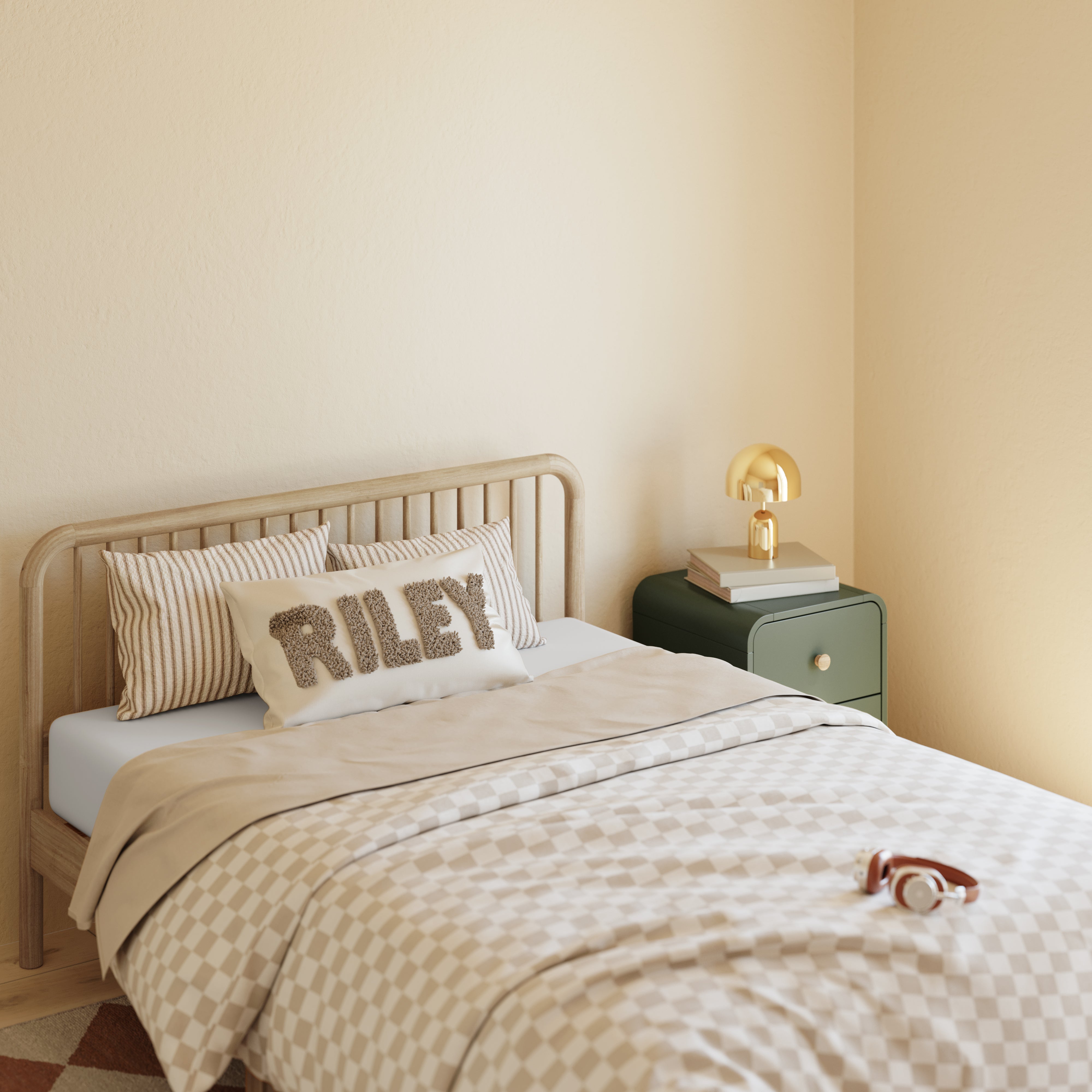 Santos olive nightstand beside bed in kids room