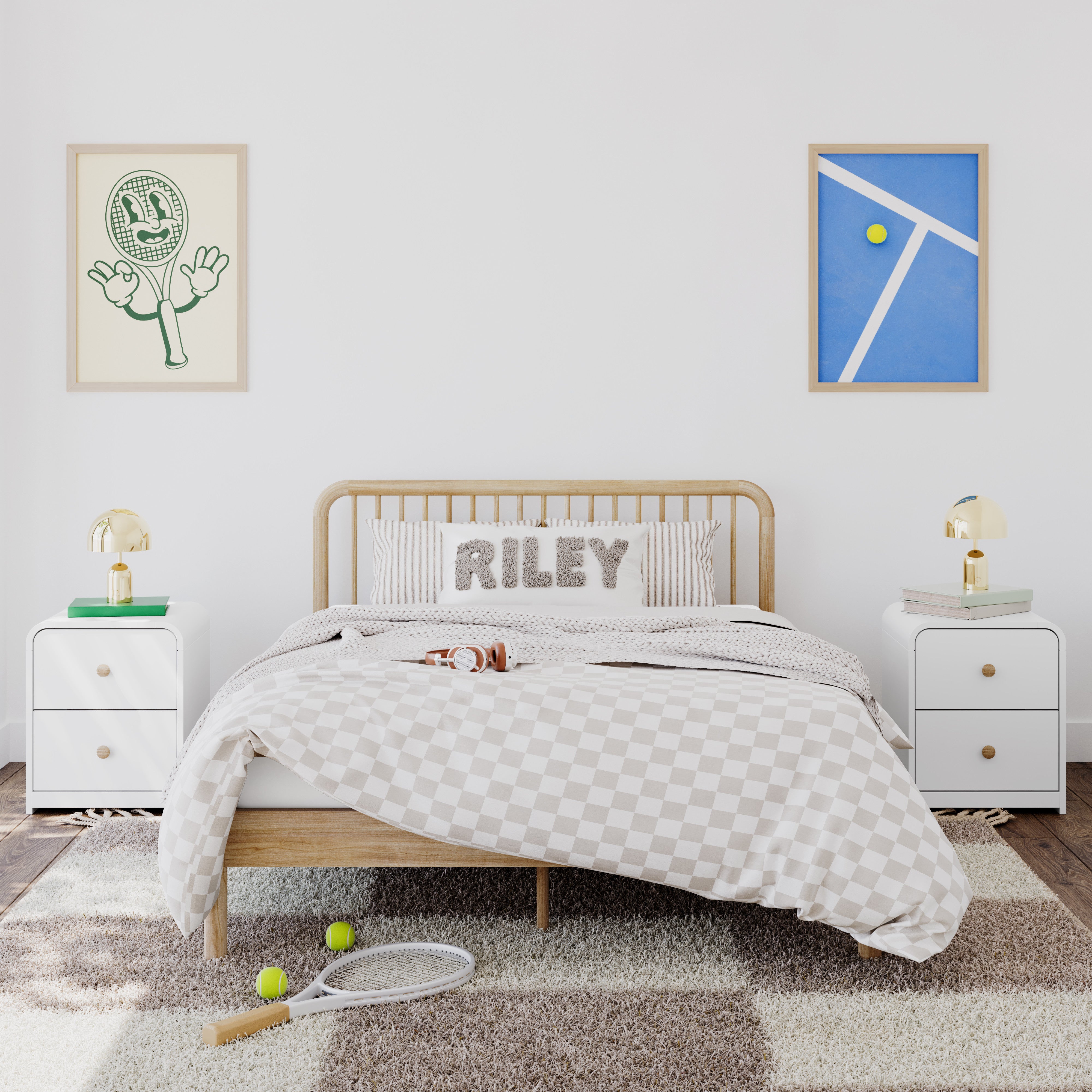 Two santos white nightstands with bed in the middle inside kids room