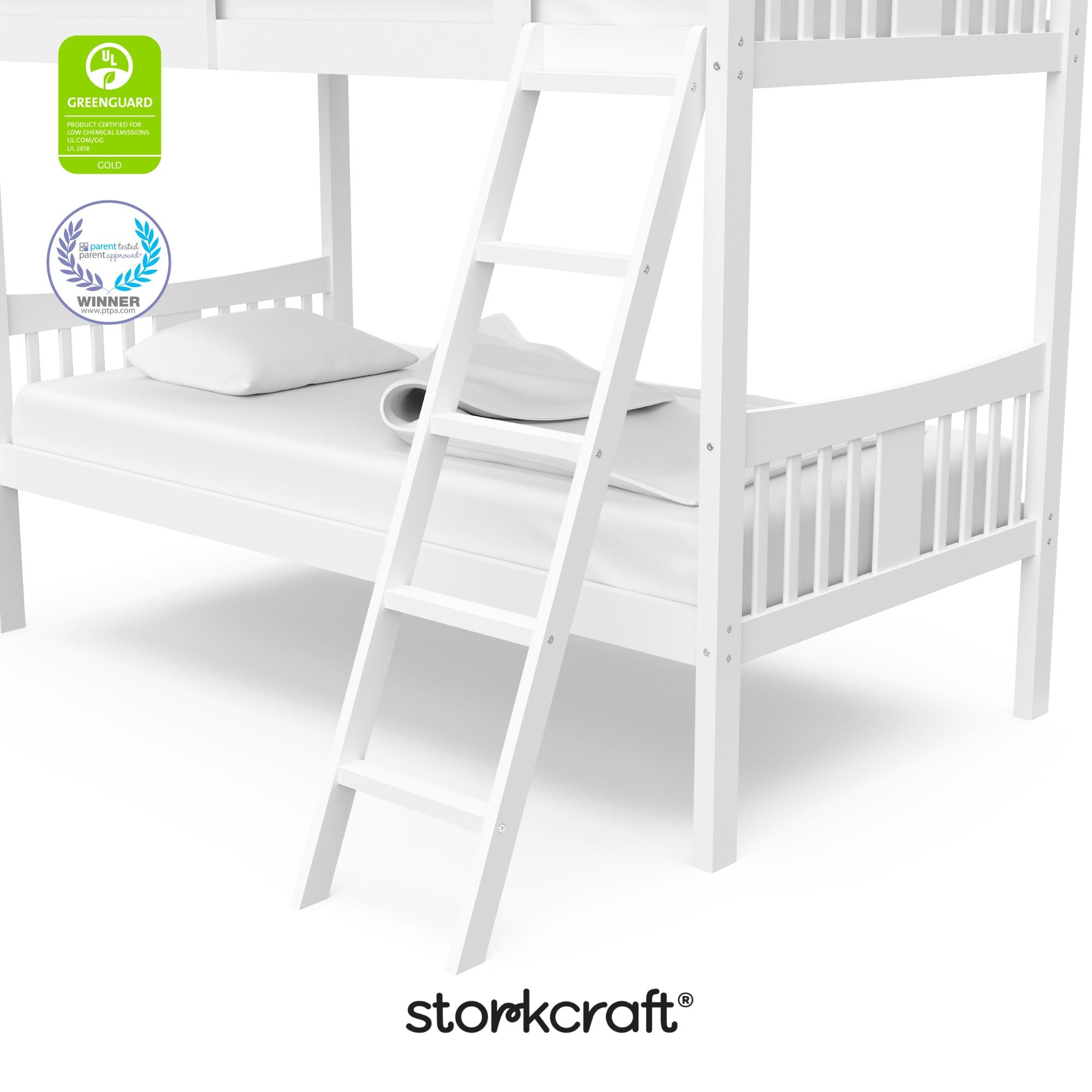 Caribou white twin over twin bunk bed with GGG and PTPA logo on top left