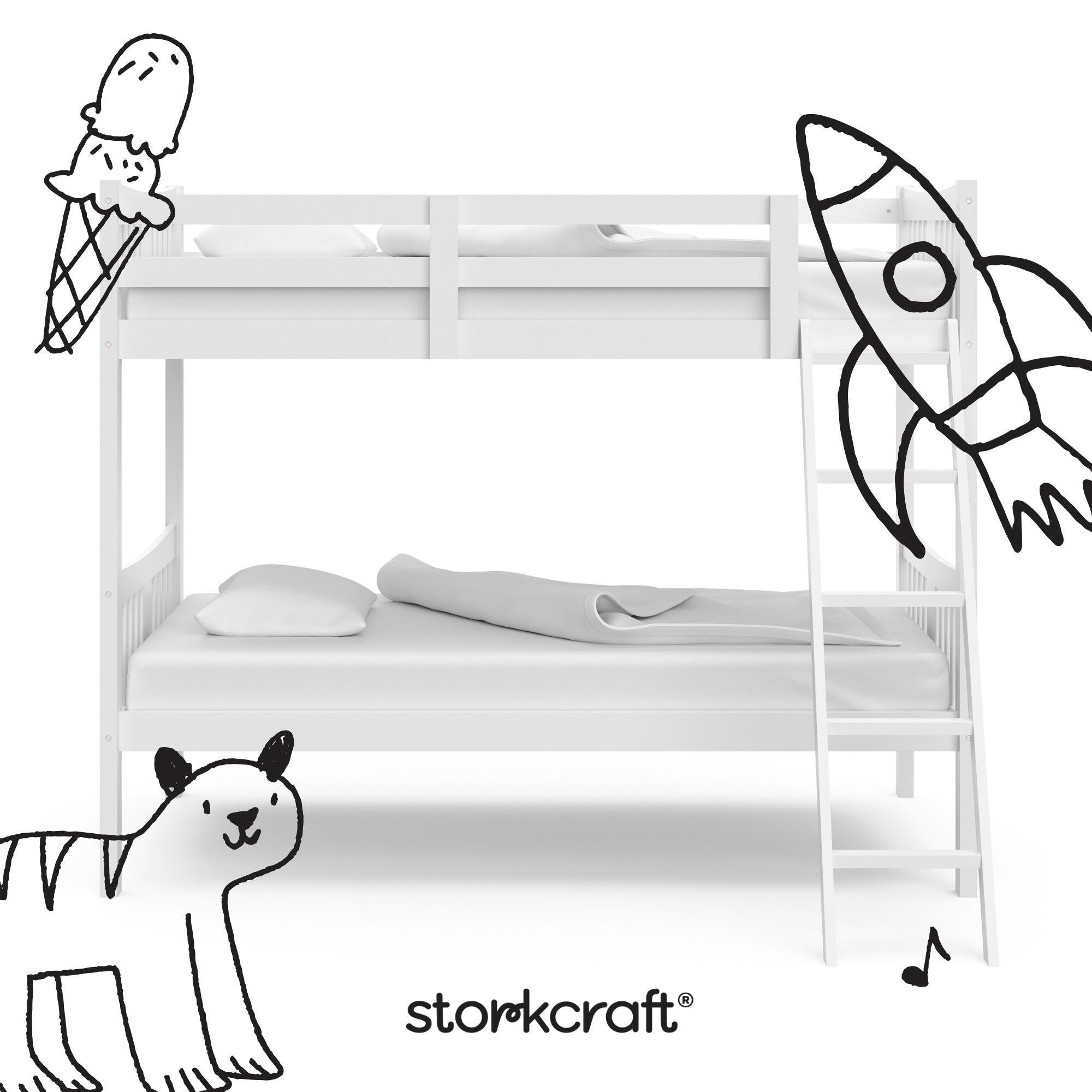 Caribou white twin over twin bunk bed with black doodles overlaid on image