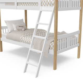white with natural bottom bunk bed with fixed ladder close-up view