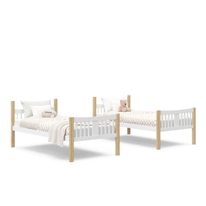 white with natural bunk bed configured as two separate twin beds in nursery