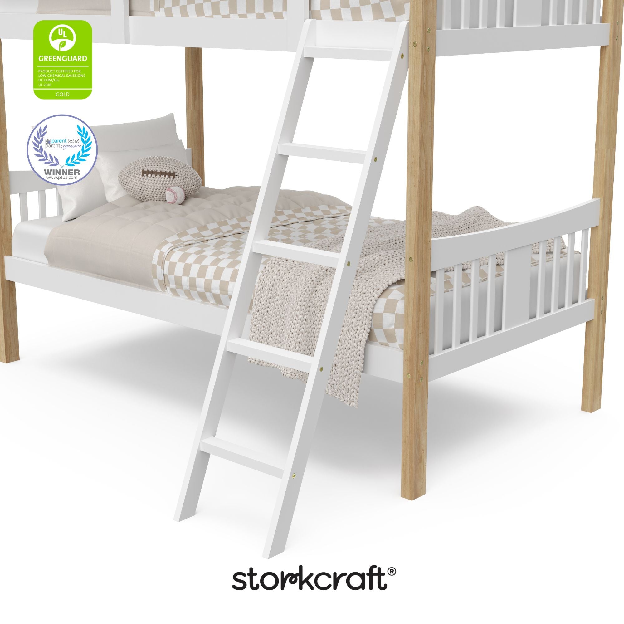 Caribou white with natural twin over twin bunk bed with GGG and PTPA logo on top left