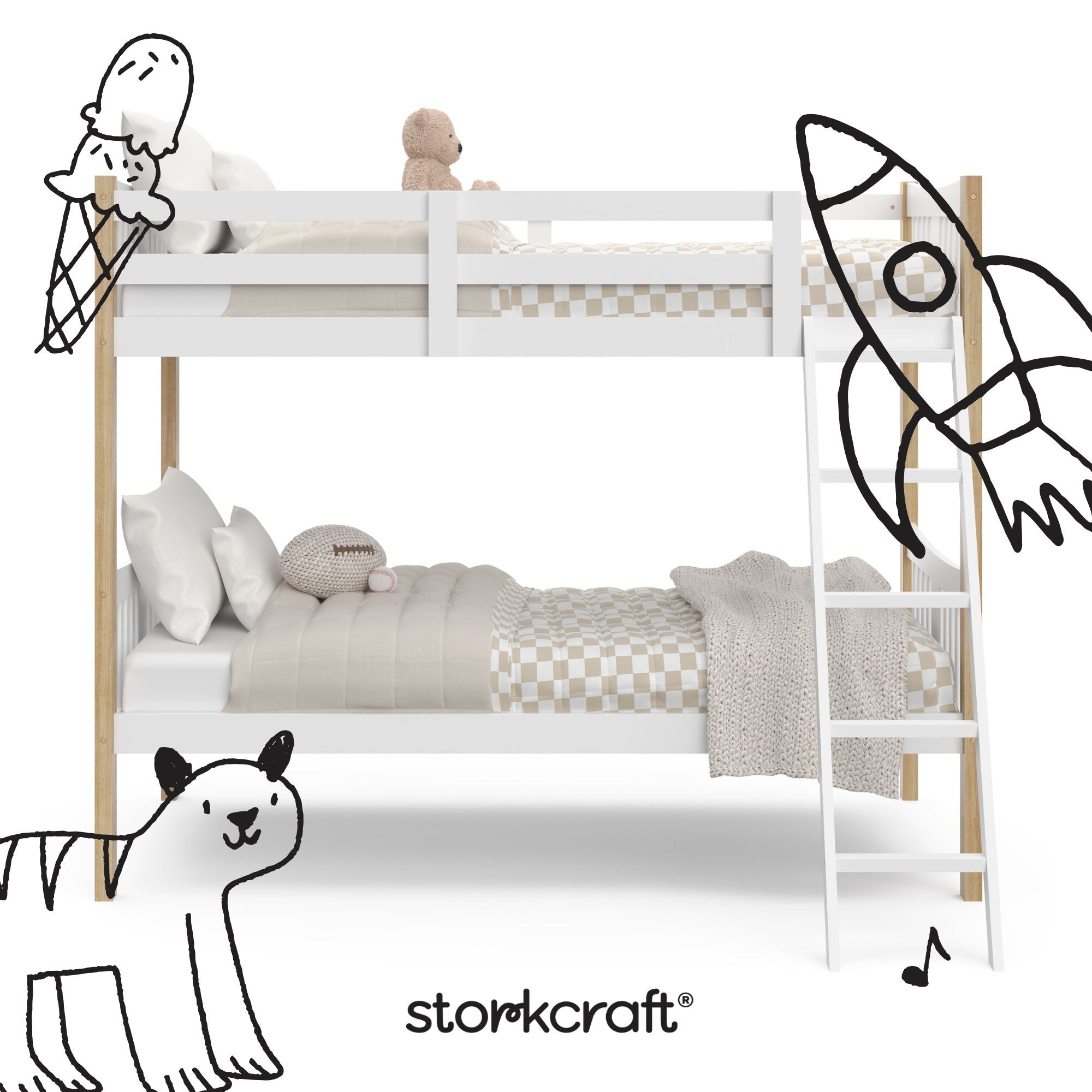 Caribou white with natural twin over twin bunk bed with black doodles overlaid on image
