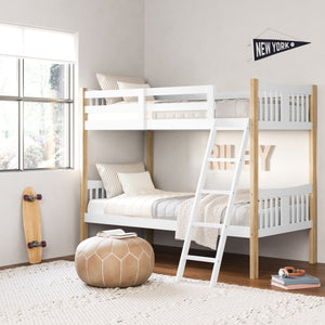 white with natural bunk bed with fixed ladder in kid room