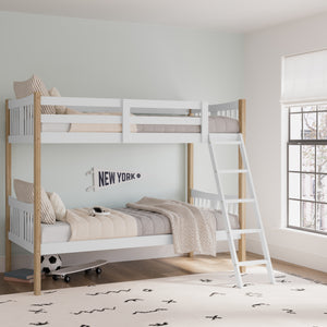 white with natural bunk bed with fixed ladder in kid room