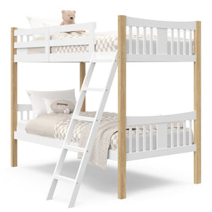 white with natural bunk bed with fixed ladder angled with bedding
