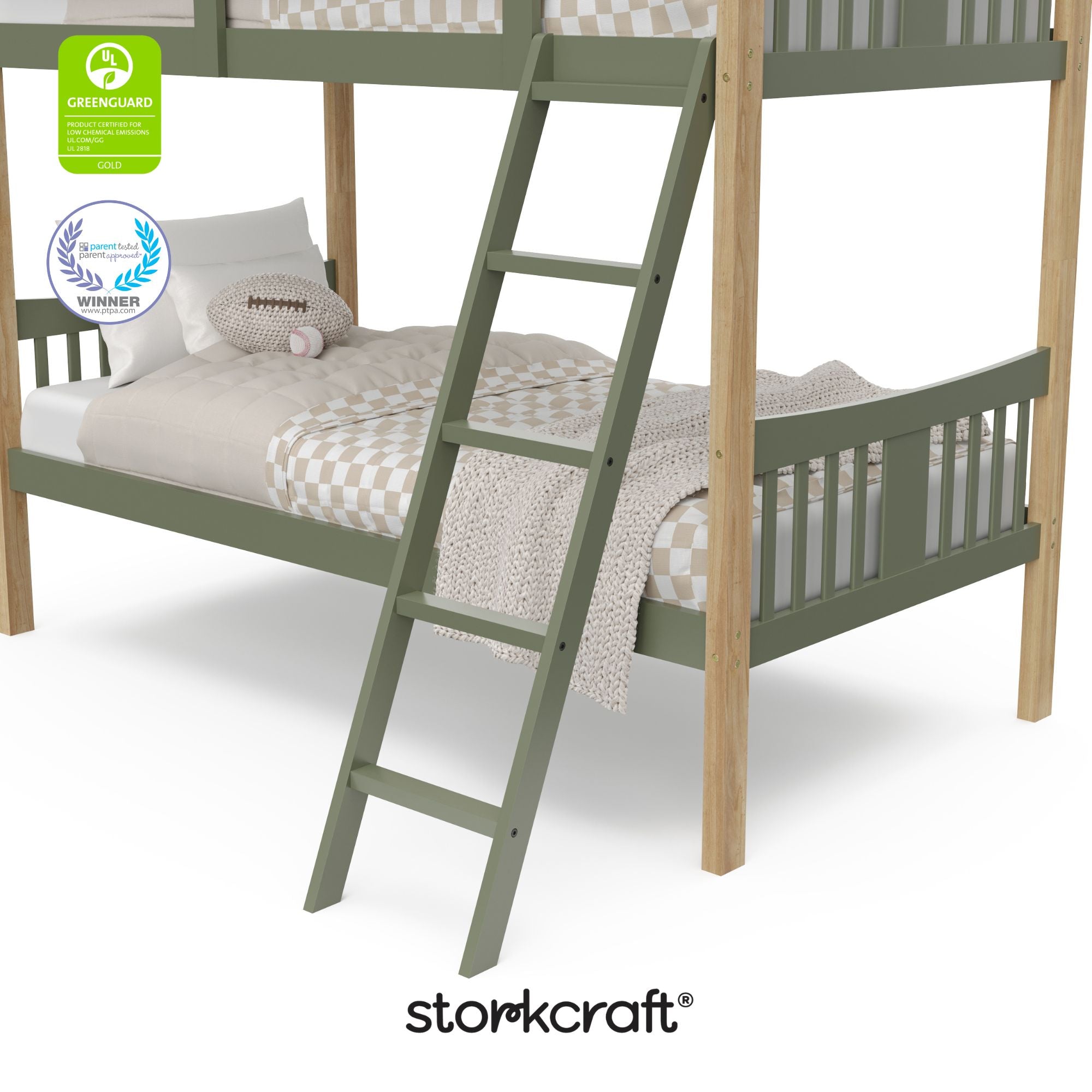 Caribou olive with natural twin over twin bunk bed with GGG and PTPA logo on top left