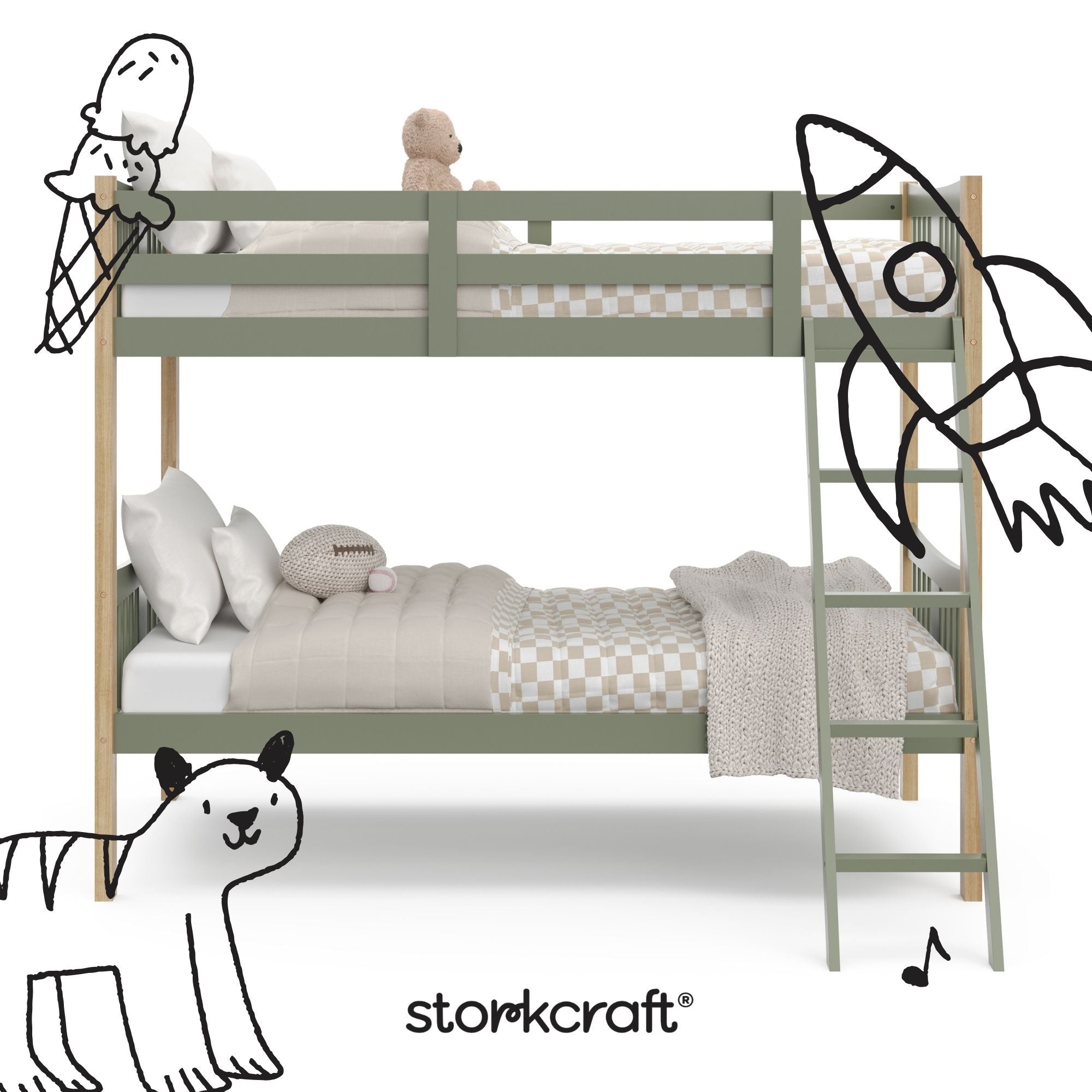 Caribou olive with natural twin over twin bunk bed with black doodles overlaid on image