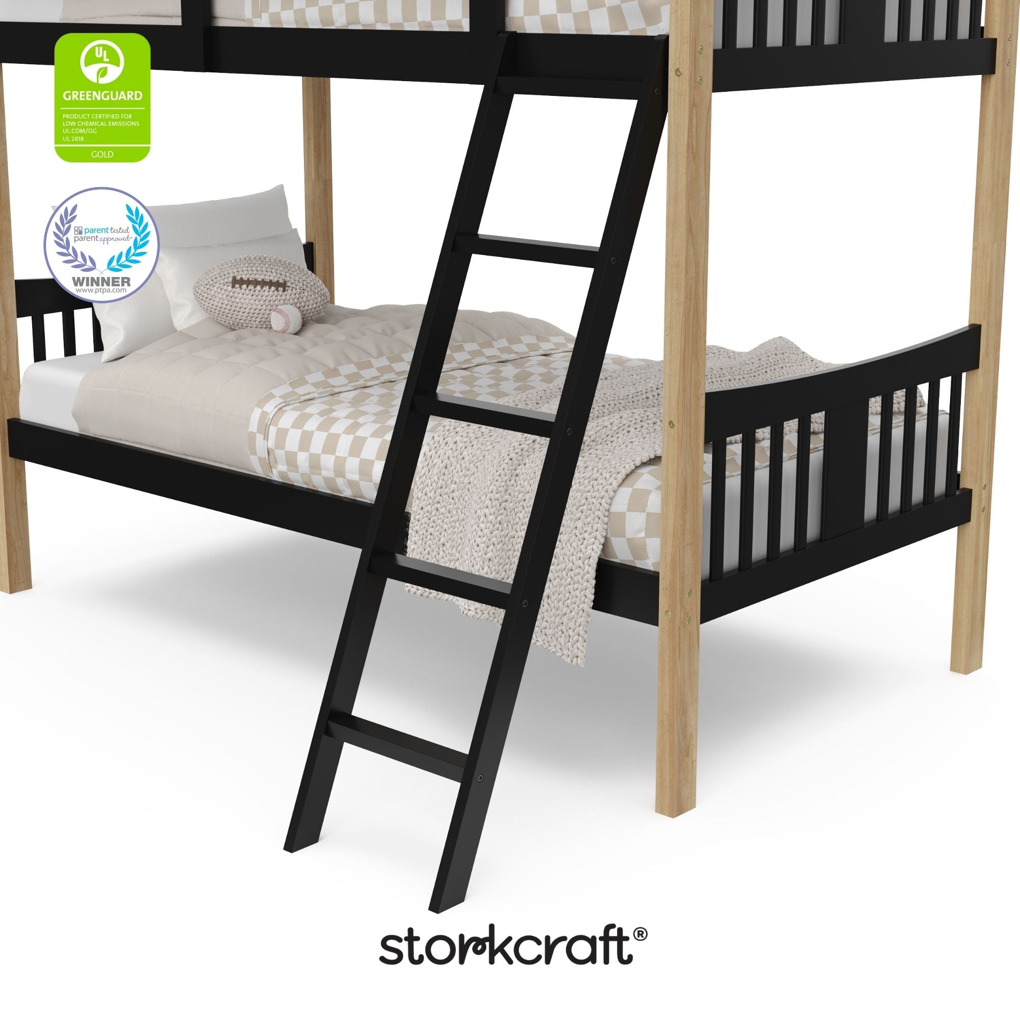 Caribou black with natural twin over twin bunk bed with GGG and PTPA logo on top left